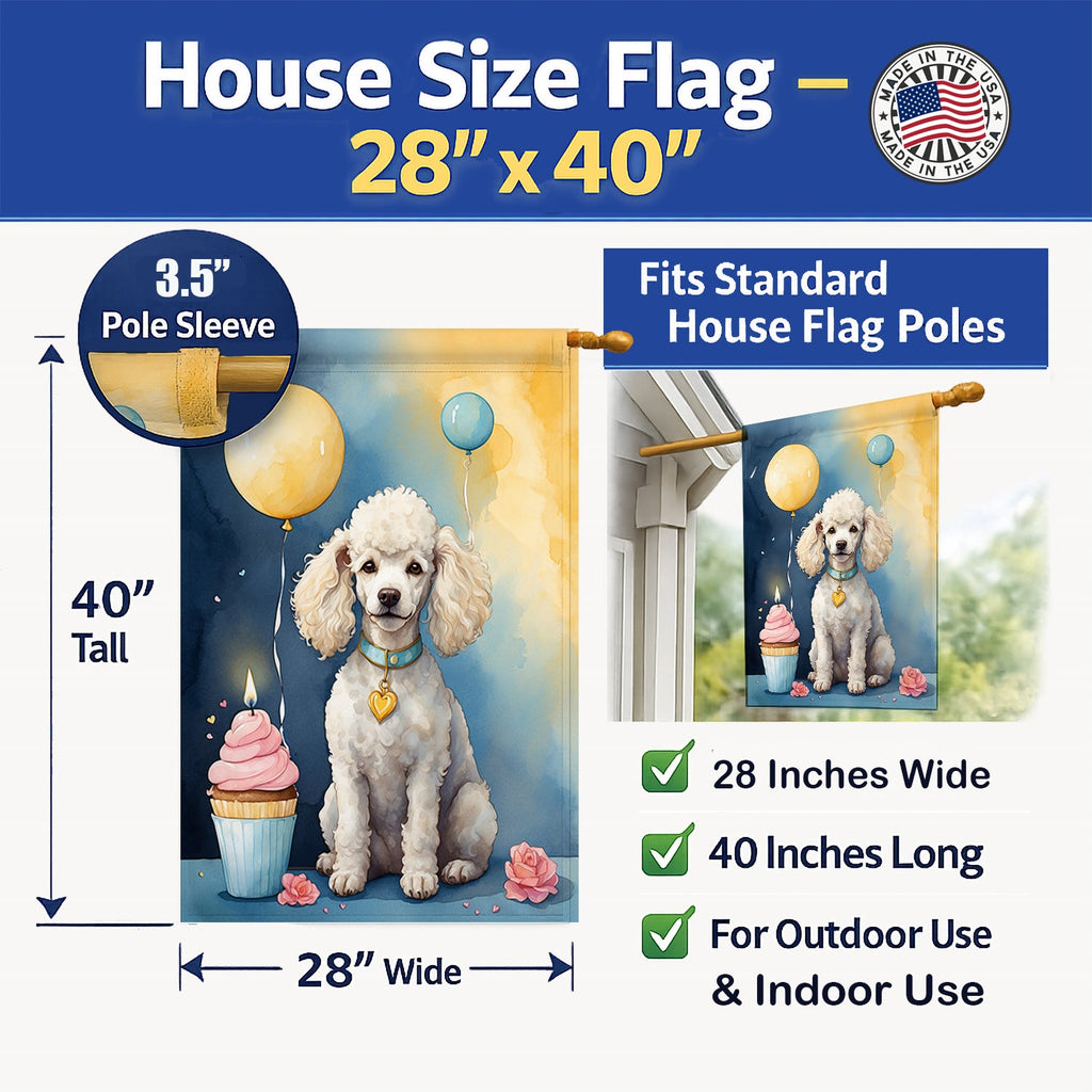 White Poodle Happy Birthday House Flag 28x40 Porch Sleeve Pole Decorative Outside Yard Banner Artwork Wall Hanging, Polyester