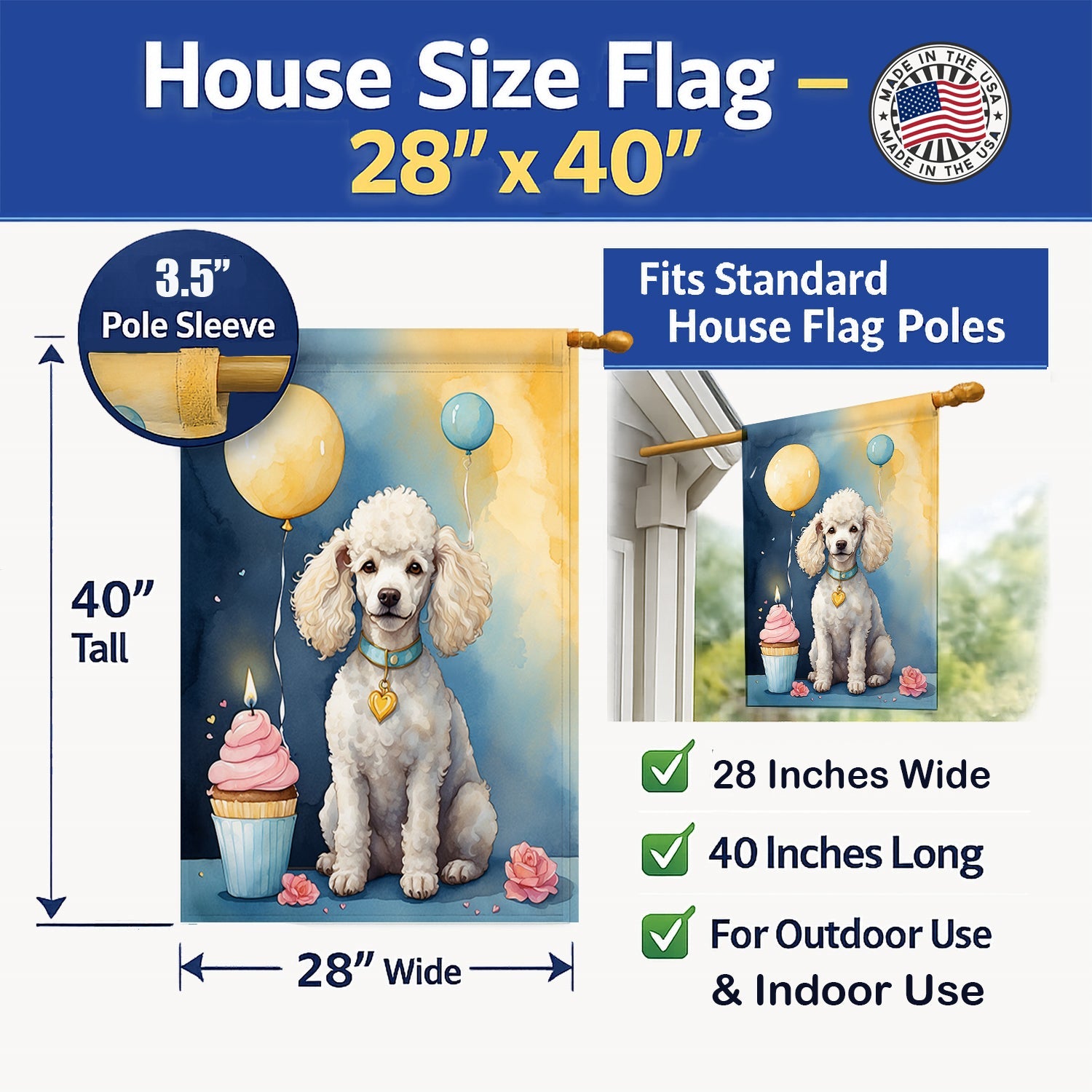 White Poodle Happy Birthday House Flag 28x40 Porch Sleeve Pole Decorative Outside Yard Banner Artwork Wall Hanging, Polyester