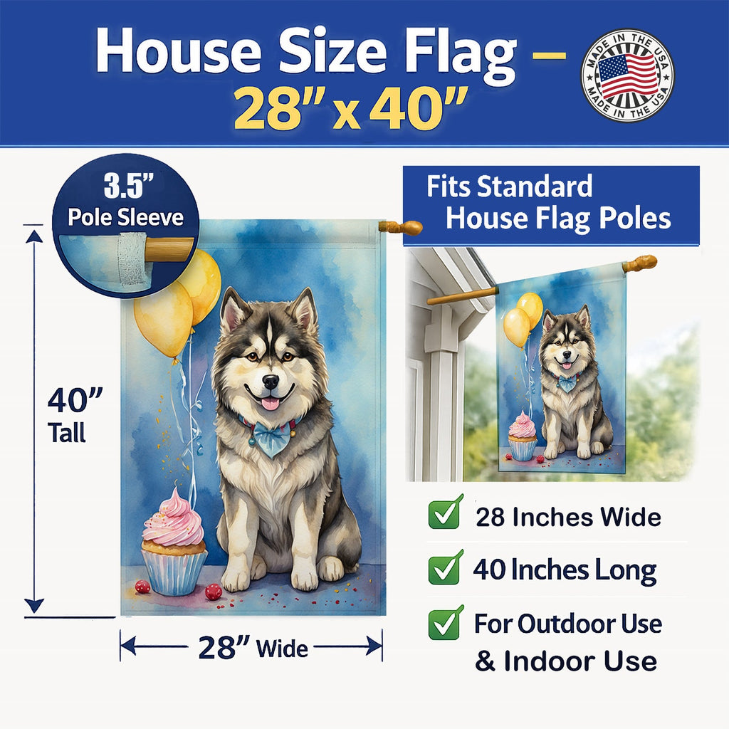 Alaskan Malamute Happy Birthday House Flag 28x40 Porch Sleeve Pole Decorative Outside Yard Banner Artwork Wall Hanging, Polyester