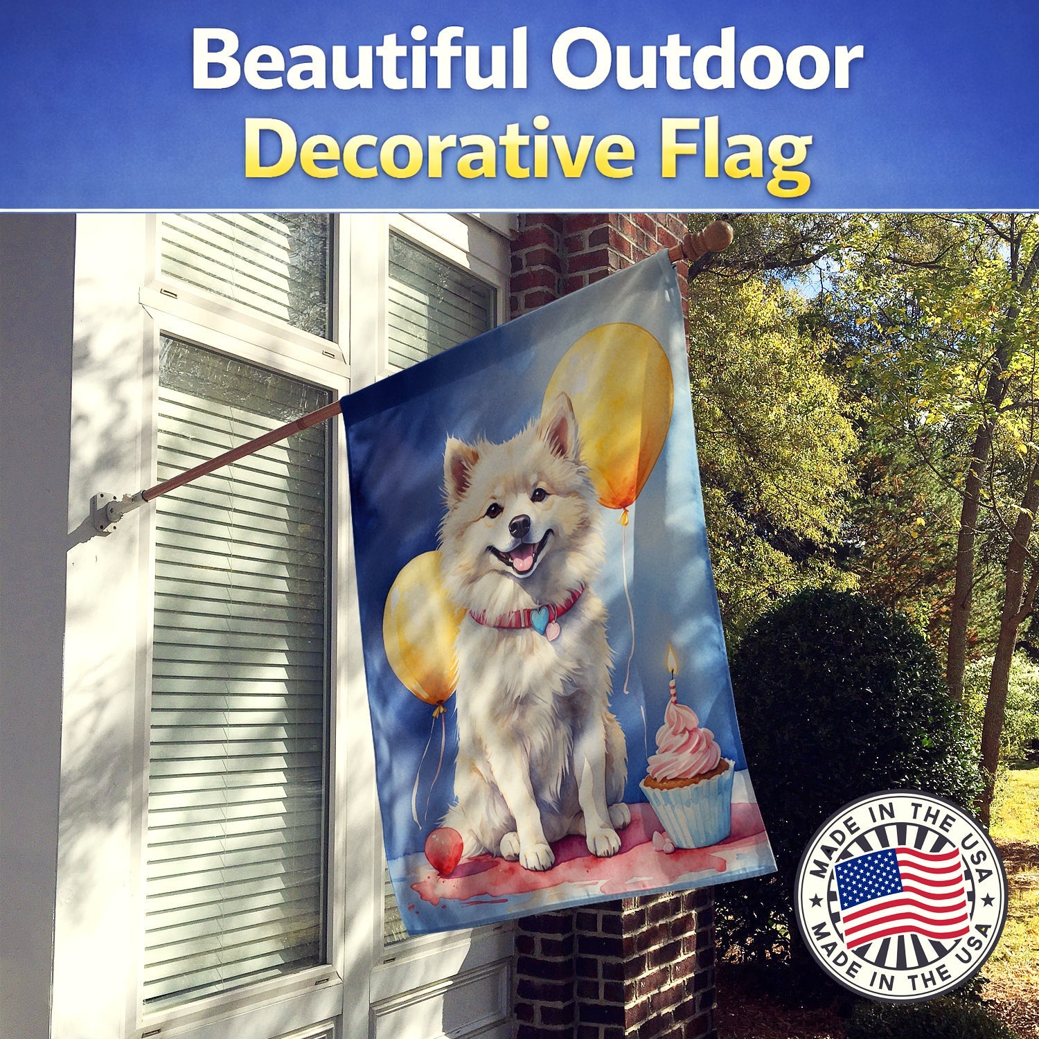 American Eskimo Happy Birthday House Flag 28x40 Porch Sleeve Pole Decorative Outside Yard Banner Artwork Wall Hanging, Polyester