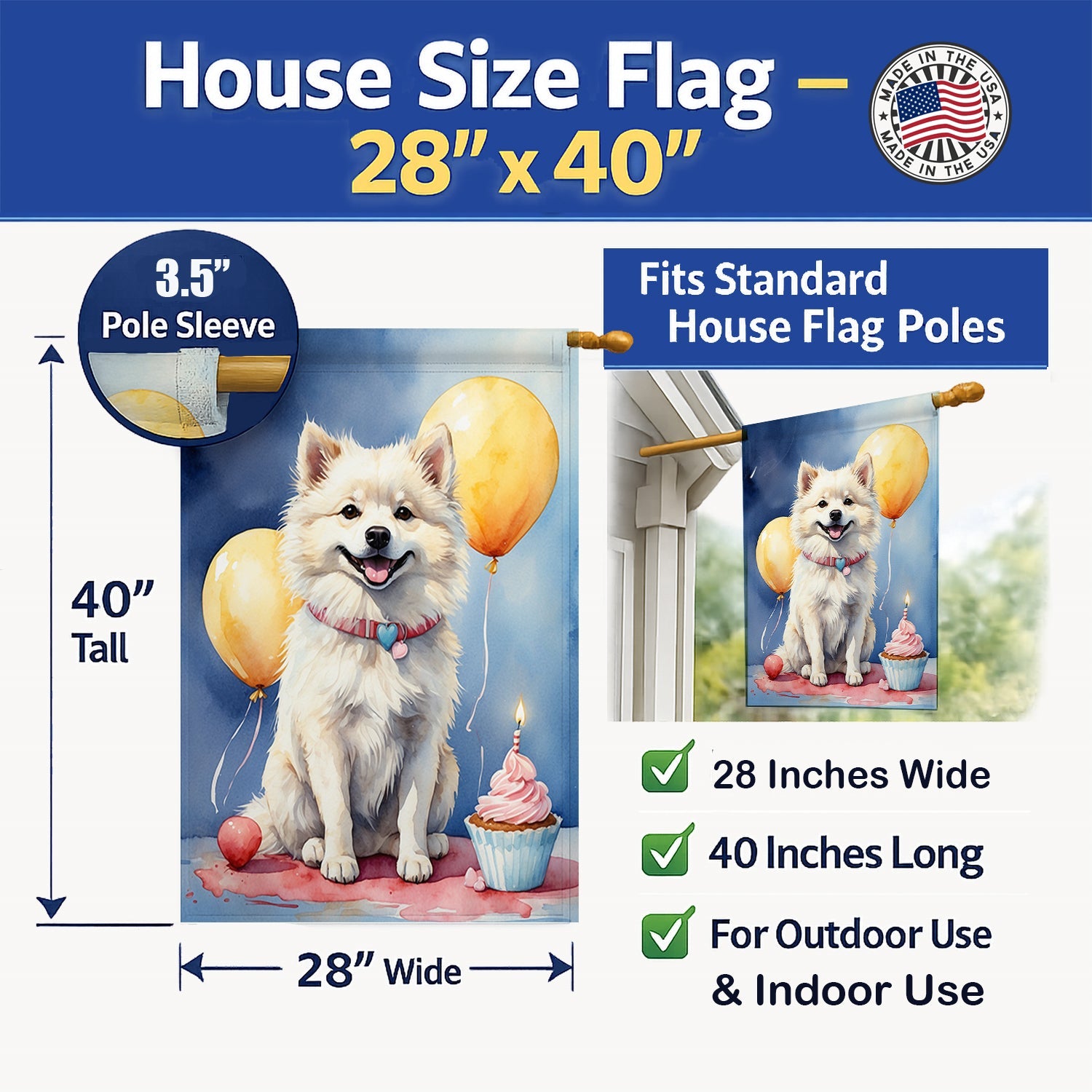 American Eskimo Happy Birthday House Flag 28x40 Porch Sleeve Pole Decorative Outside Yard Banner Artwork Wall Hanging, Polyester