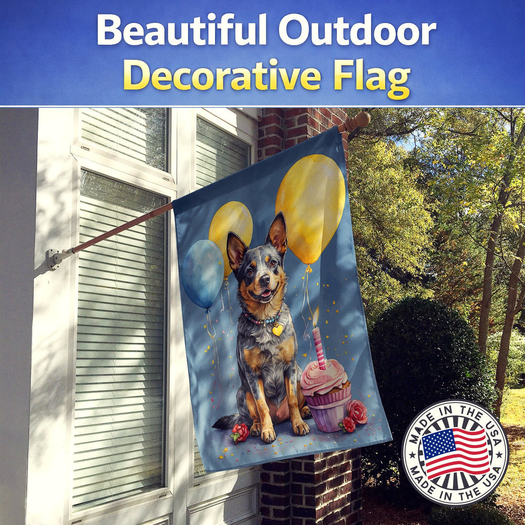 Australian Cattle Dog Happy Birthday House Flag 28x40 Porch Sleeve Pole Decorative Outside Yard Banner Artwork Wall Hanging, Polyester