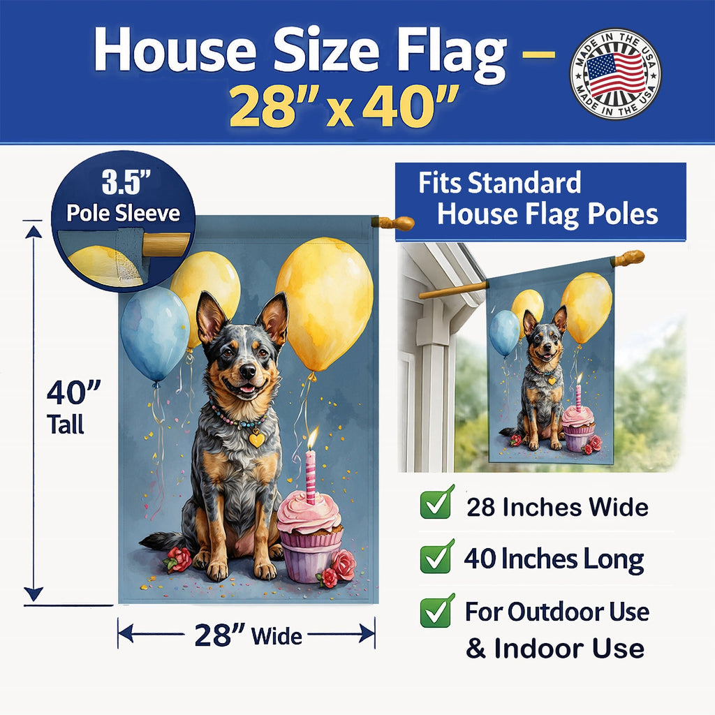 Australian Cattle Dog Happy Birthday House Flag 28x40 Porch Sleeve Pole Decorative Outside Yard Banner Artwork Wall Hanging, Polyester