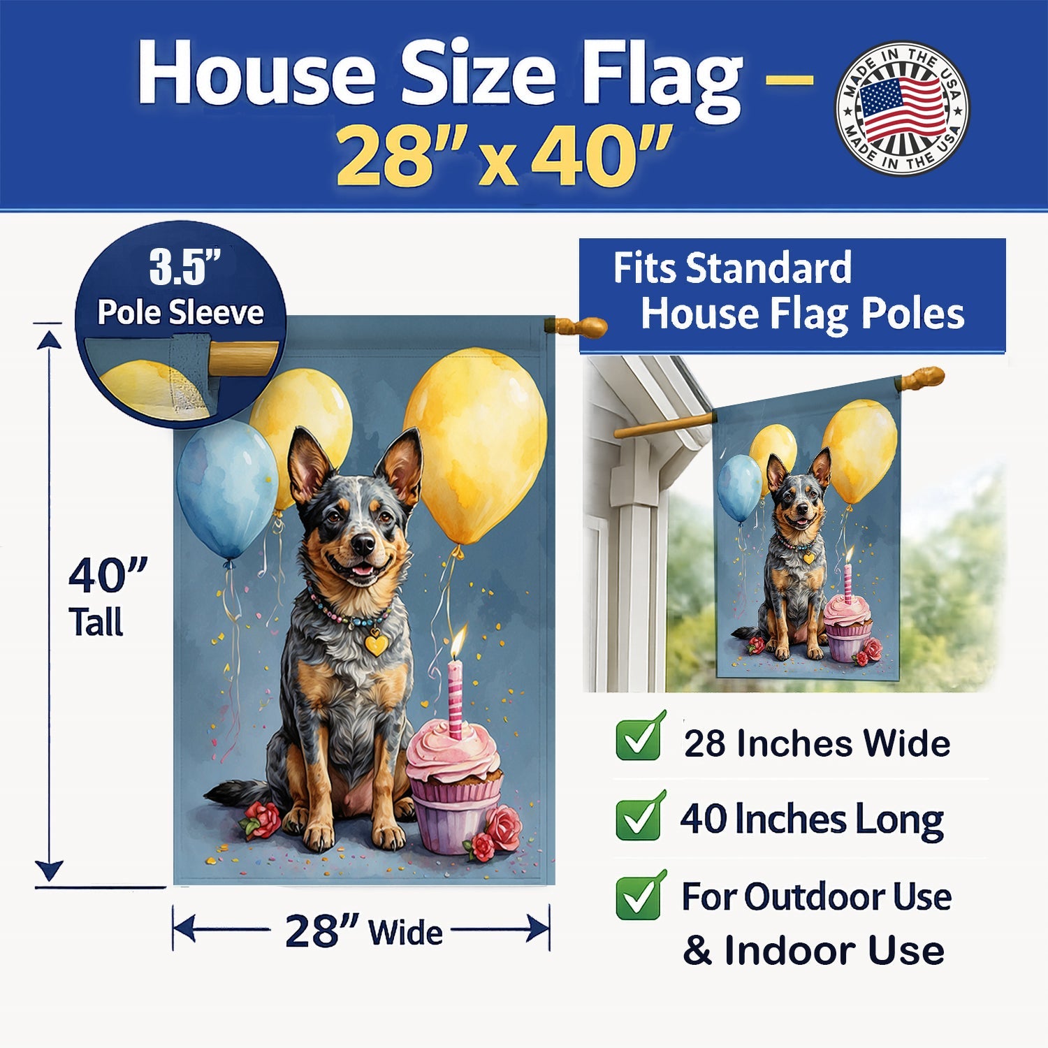Australian Cattle Dog Happy Birthday House Flag 28x40 Porch Sleeve Pole Decorative Outside Yard Banner Artwork Wall Hanging, Polyester