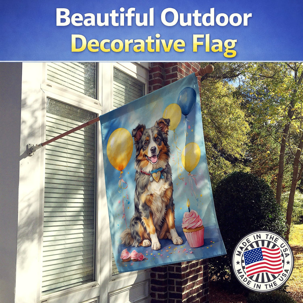 Australian Shepherd Happy Birthday House Flag 28x40 Porch Sleeve Pole Decorative Outside Yard Banner Artwork Wall Hanging, Polyester