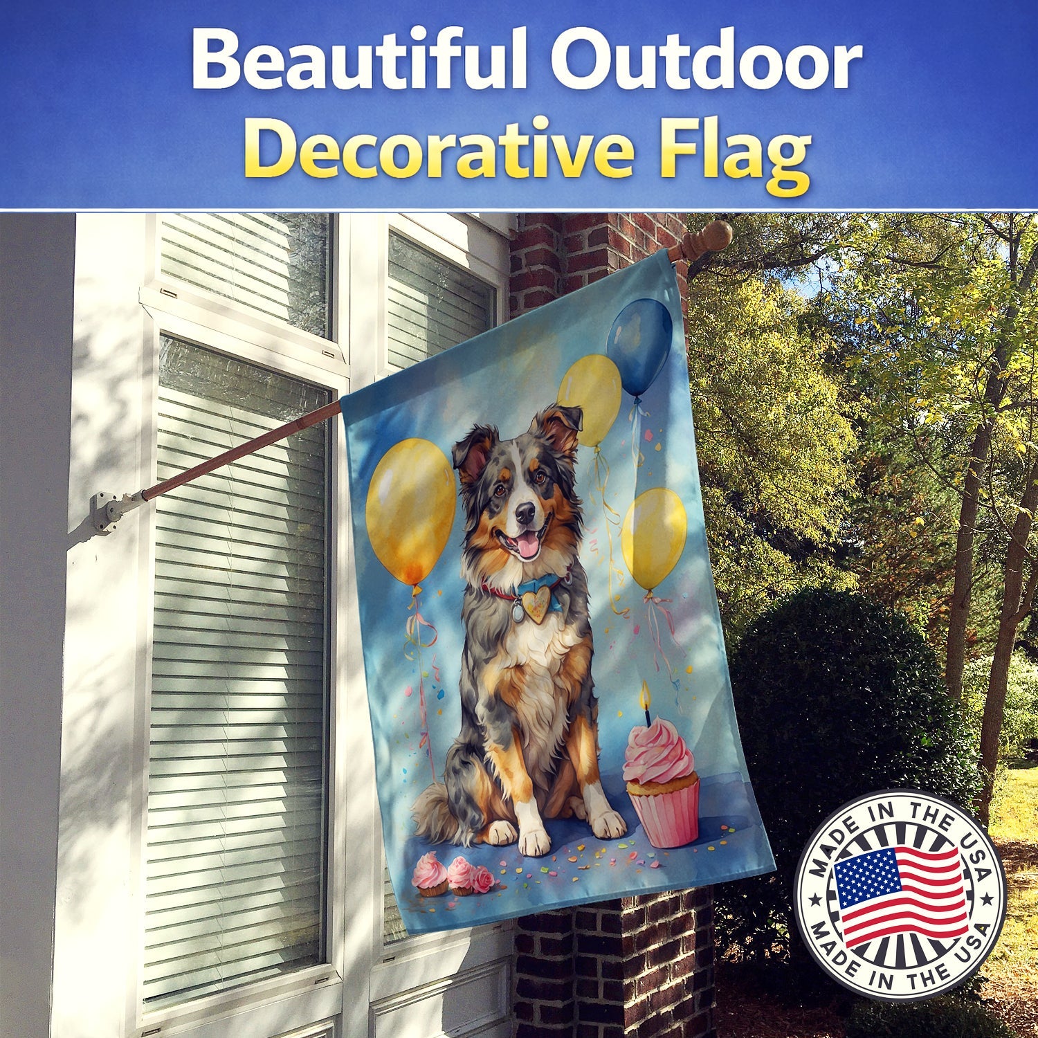Australian Shepherd Happy Birthday House Flag 28x40 Porch Sleeve Pole Decorative Outside Yard Banner Artwork Wall Hanging, Polyester