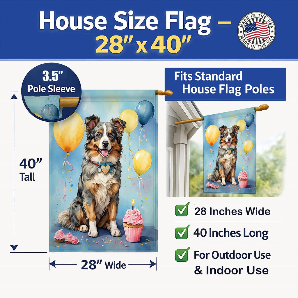 Australian Shepherd Happy Birthday House Flag 28x40 Porch Sleeve Pole Decorative Outside Yard Banner Artwork Wall Hanging, Polyester