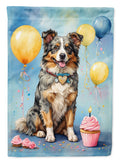Australian Shepherd Happy Birthday House Flag 28x40 Porch Sleeve Pole Decorative Outside Yard Banner Artwork Wall Hanging, Polyester
