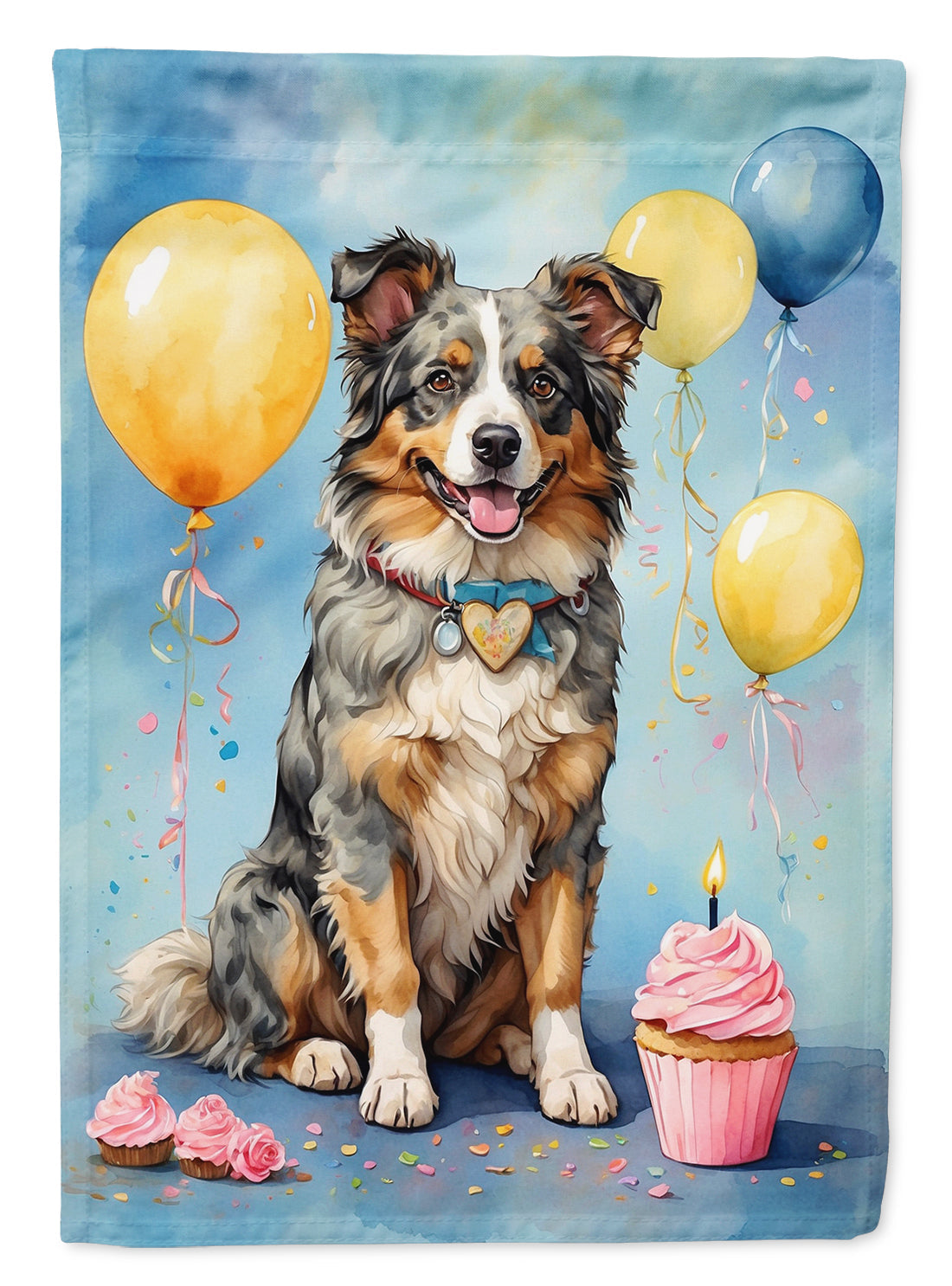 Australian Shepherd Happy Birthday House Flag 28x40 Porch Sleeve Pole Decorative Outside Yard Banner Artwork Wall Hanging, Polyester