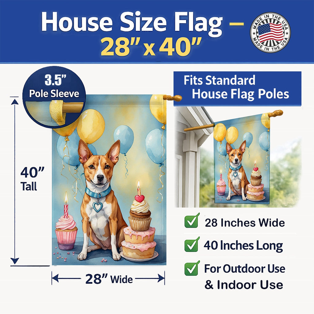 Basenji Happy Birthday House Flag 28x40 Porch Sleeve Pole Decorative Outside Yard Banner Artwork Wall Hanging, Polyester