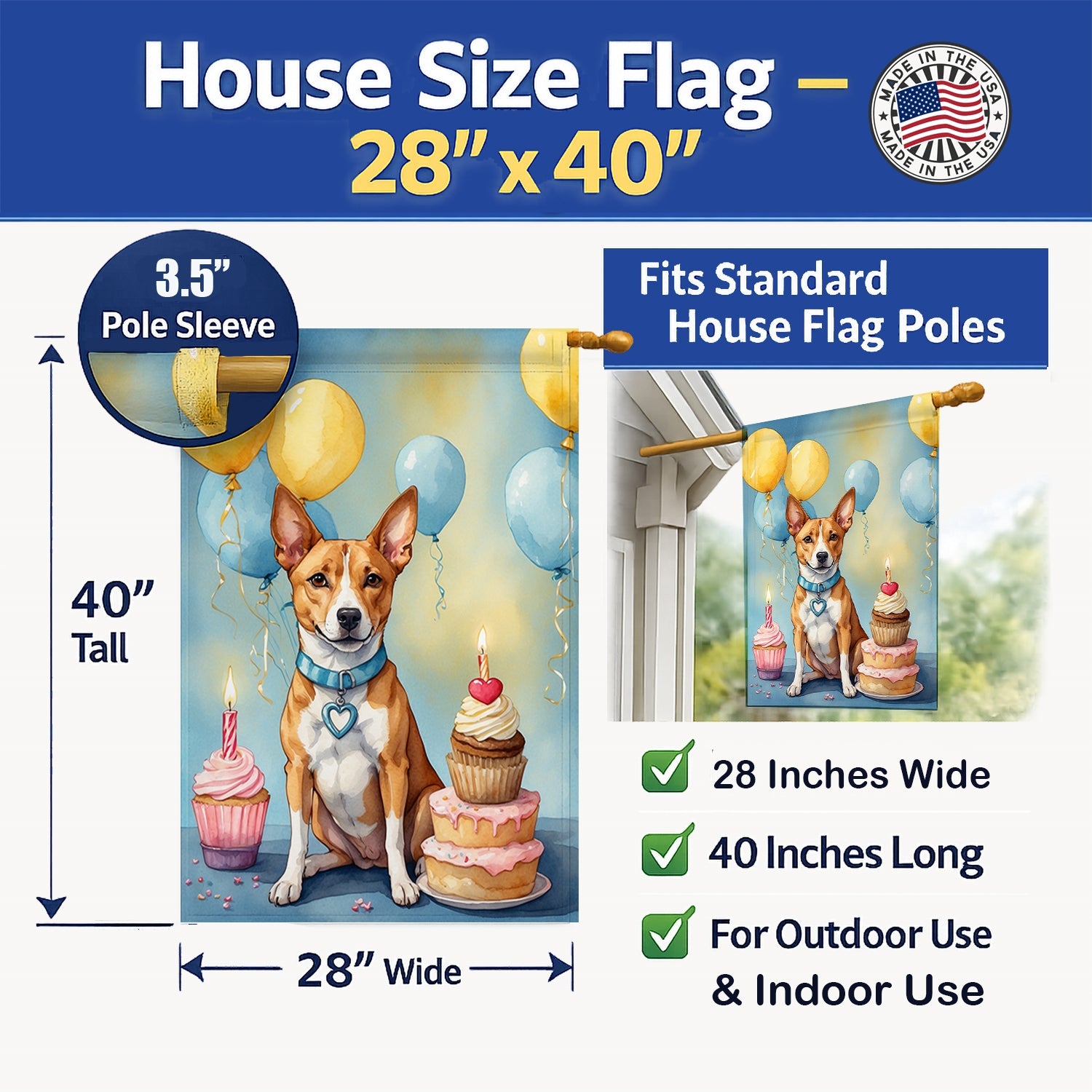 Basenji Happy Birthday House Flag 28x40 Porch Sleeve Pole Decorative Outside Yard Banner Artwork Wall Hanging, Polyester