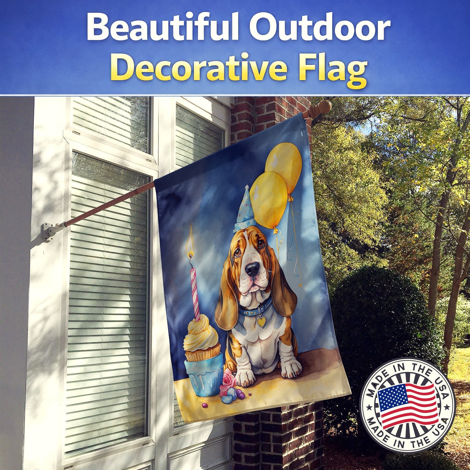 Basset Hound Happy Birthday House Flag 28x40 Porch Sleeve Pole Decorative Outside Yard Banner Artwork Wall Hanging, Polyester
