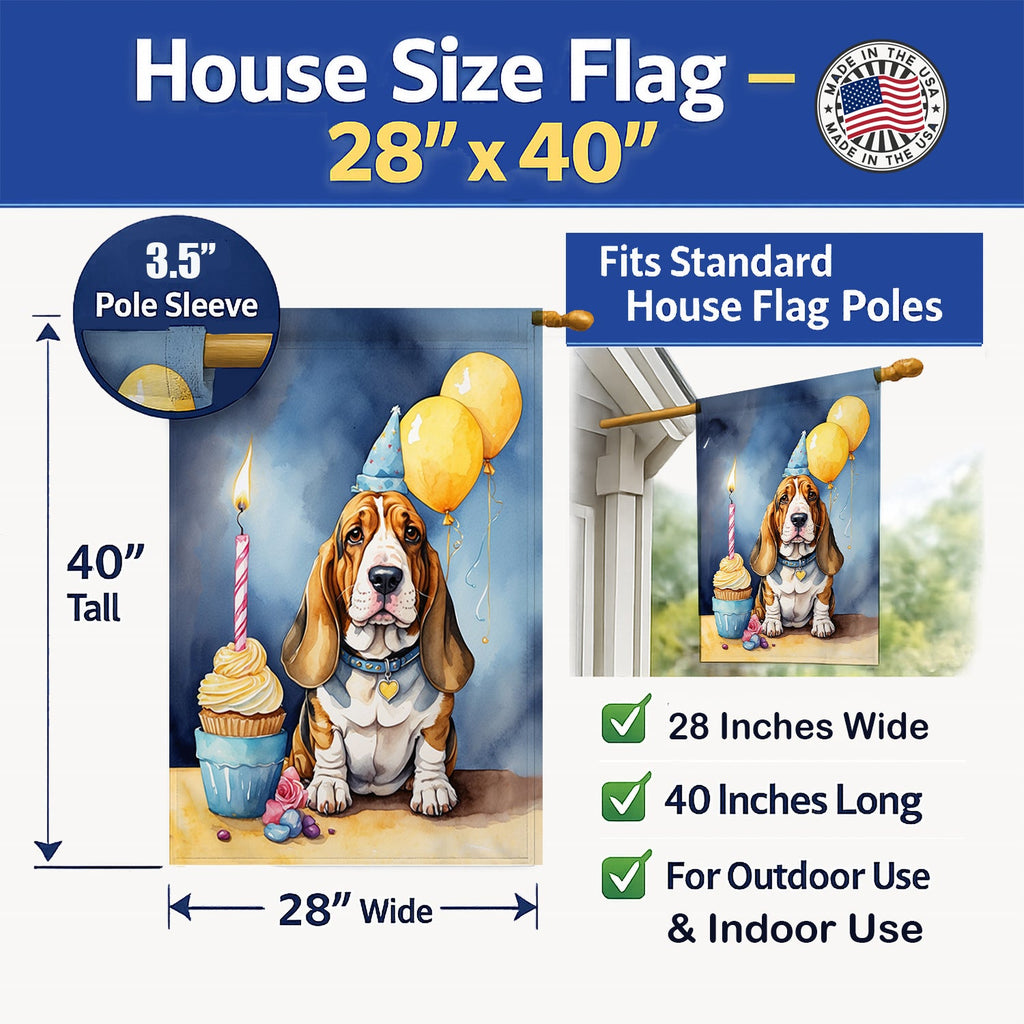 Basset Hound Happy Birthday House Flag 28x40 Porch Sleeve Pole Decorative Outside Yard Banner Artwork Wall Hanging, Polyester