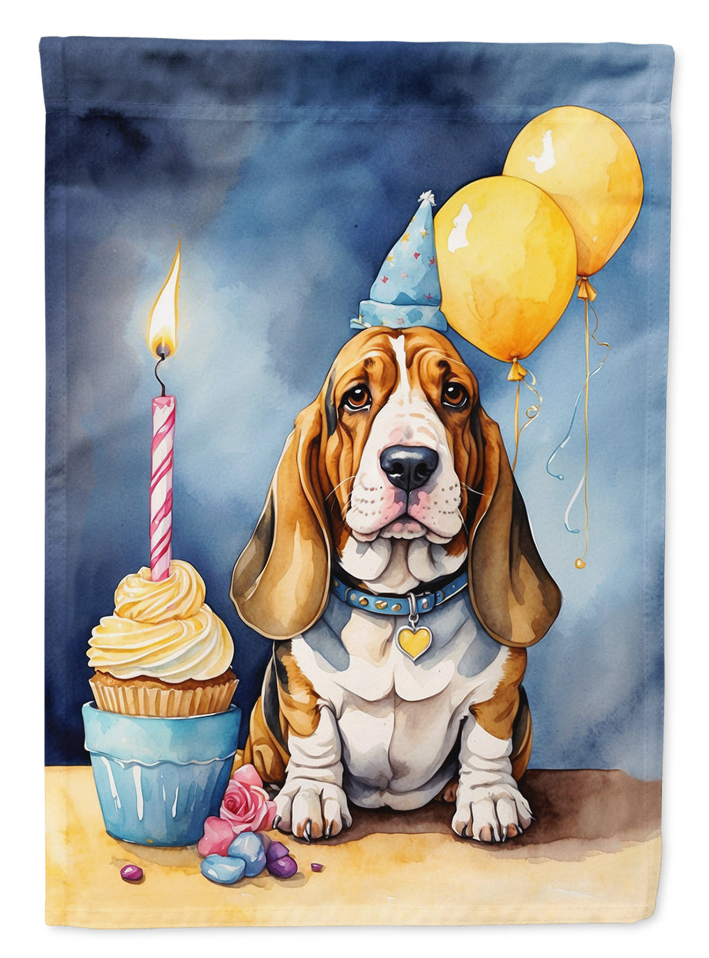 Basset Hound Happy Birthday House Flag 28x40 Porch Sleeve Pole Decorative Outside Yard Banner Artwork Wall Hanging, Polyester