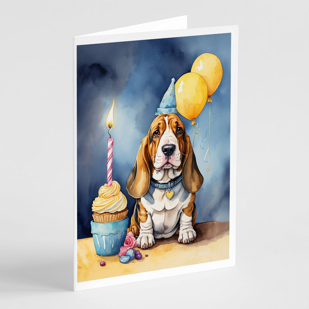 Basset Hound Happy Birthday Greeting Cards Pack of 8 Blank Cards with Envelopes Whimsical A7 Size 5x7