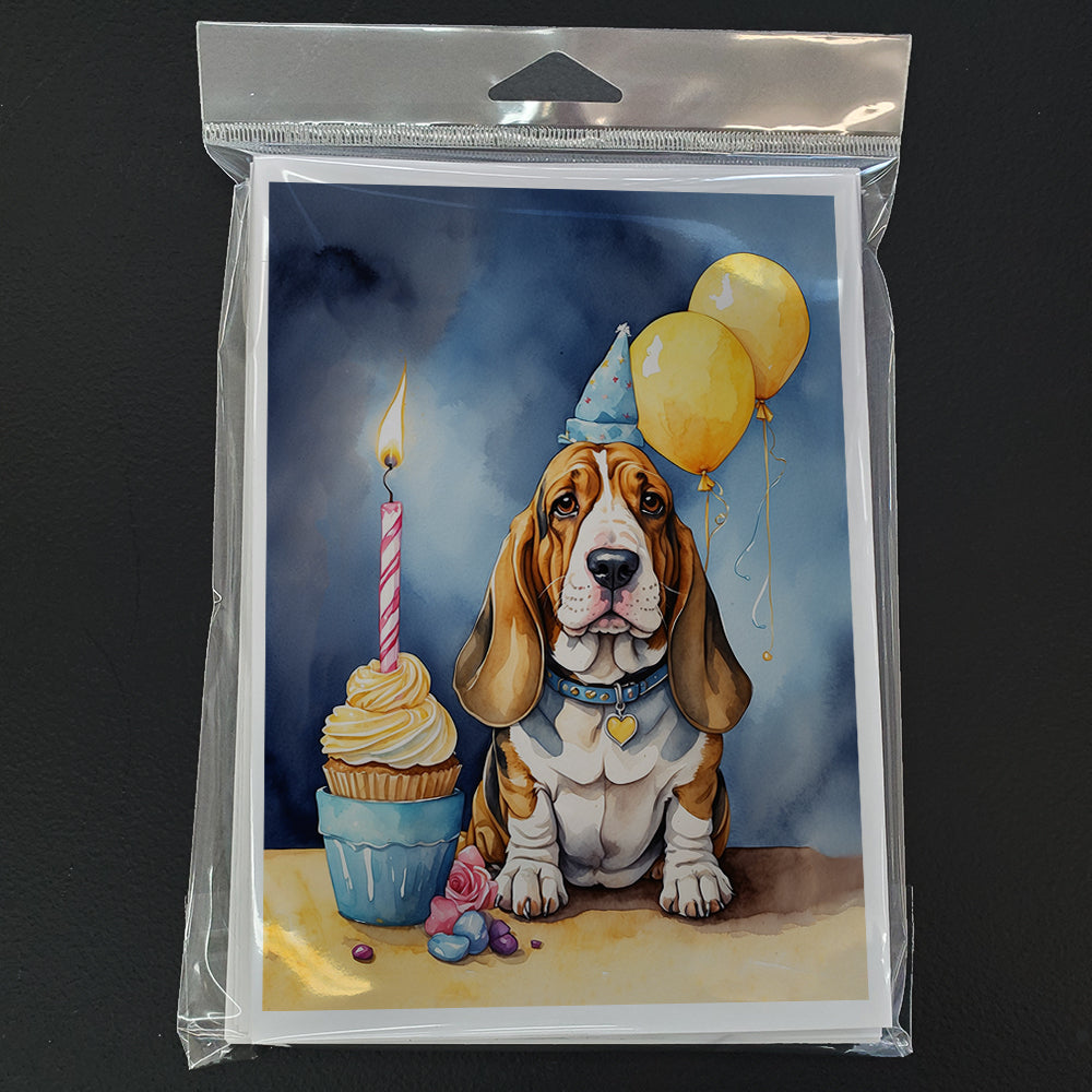 Basset Hound Happy Birthday Greeting Cards Pack of 8 Blank Cards with Envelopes Whimsical A7 Size 5x7