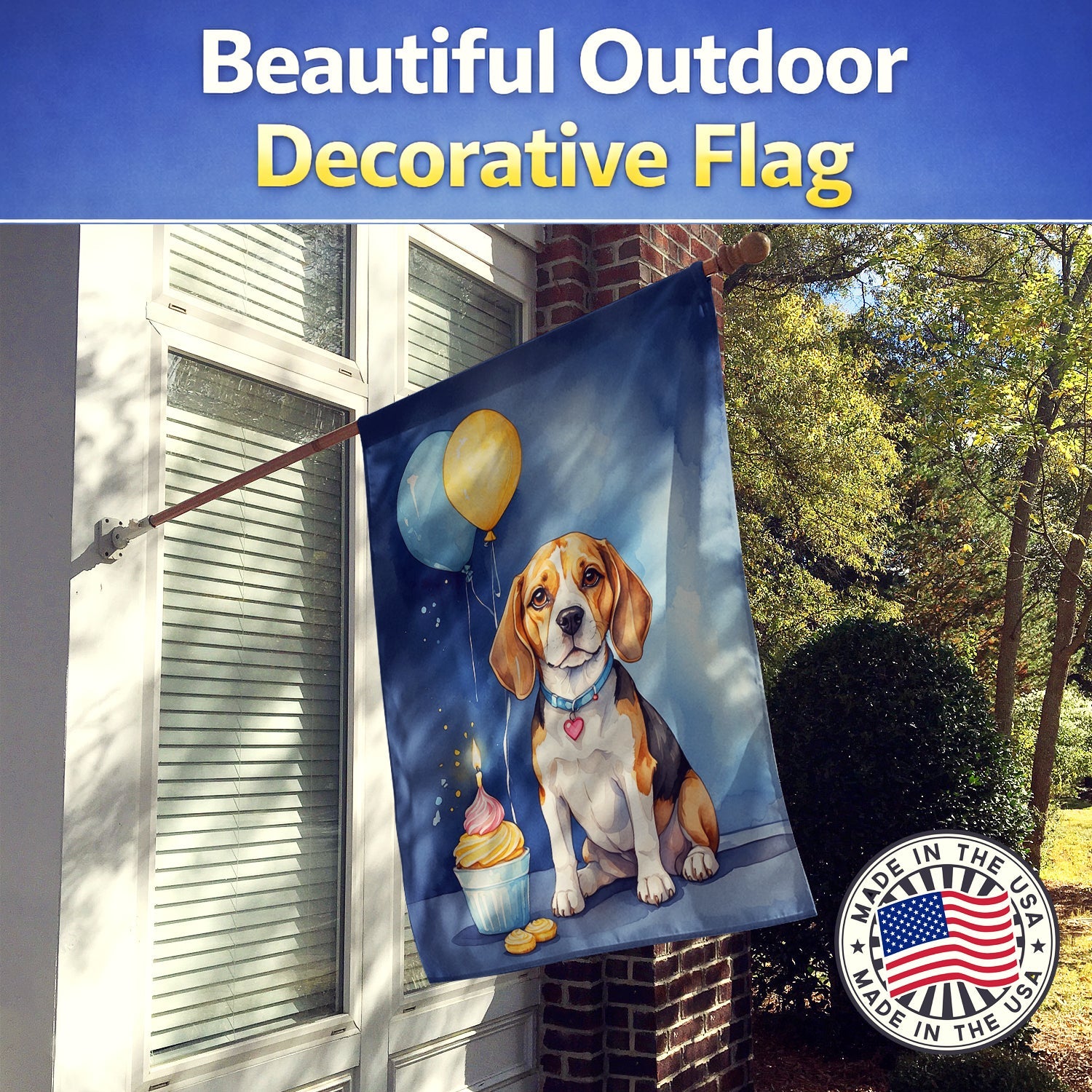 Beagle Happy Birthday House Flag 28x40 Porch Sleeve Pole Decorative Outside Yard Banner Artwork Wall Hanging, Polyester