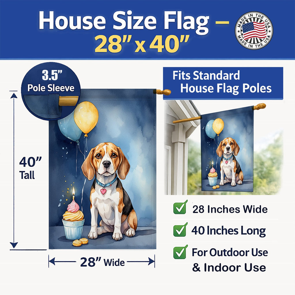 Beagle Happy Birthday House Flag 28x40 Porch Sleeve Pole Decorative Outside Yard Banner Artwork Wall Hanging, Polyester