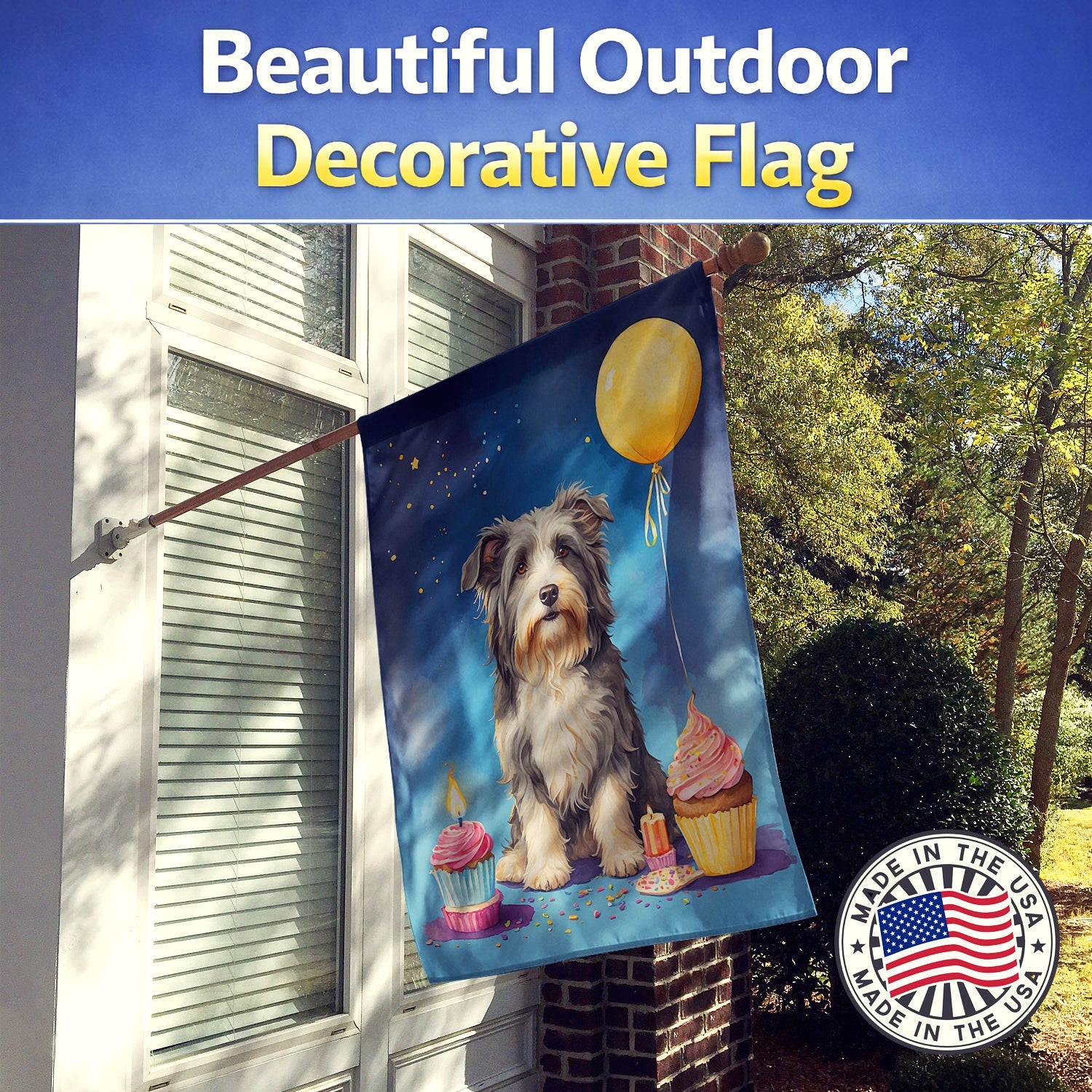 Bearded Collie Happy Birthday House Flag 28x40 Porch Sleeve Pole Decorative Outside Yard Banner Artwork Wall Hanging, Polyester