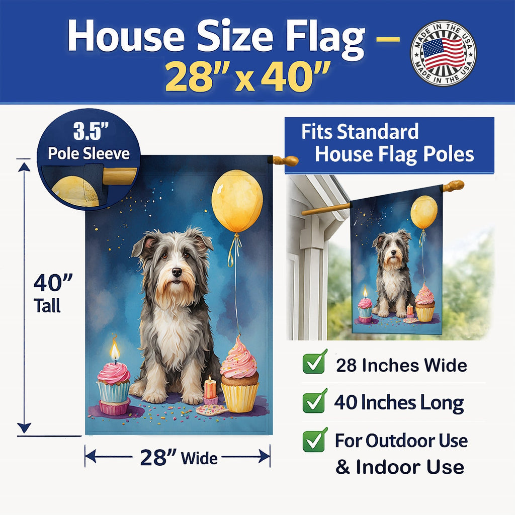 Bearded Collie Happy Birthday House Flag 28x40 Porch Sleeve Pole Decorative Outside Yard Banner Artwork Wall Hanging, Polyester