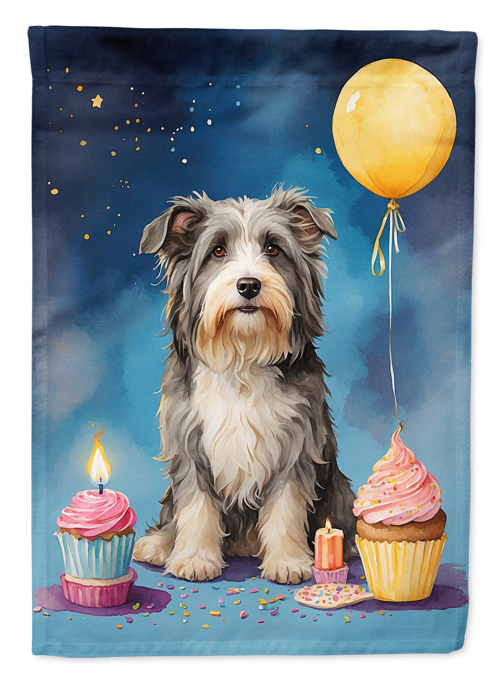 Bearded Collie Happy Birthday House Flag 28x40 Porch Sleeve Pole Decorative Outside Yard Banner Artwork Wall Hanging, Polyester