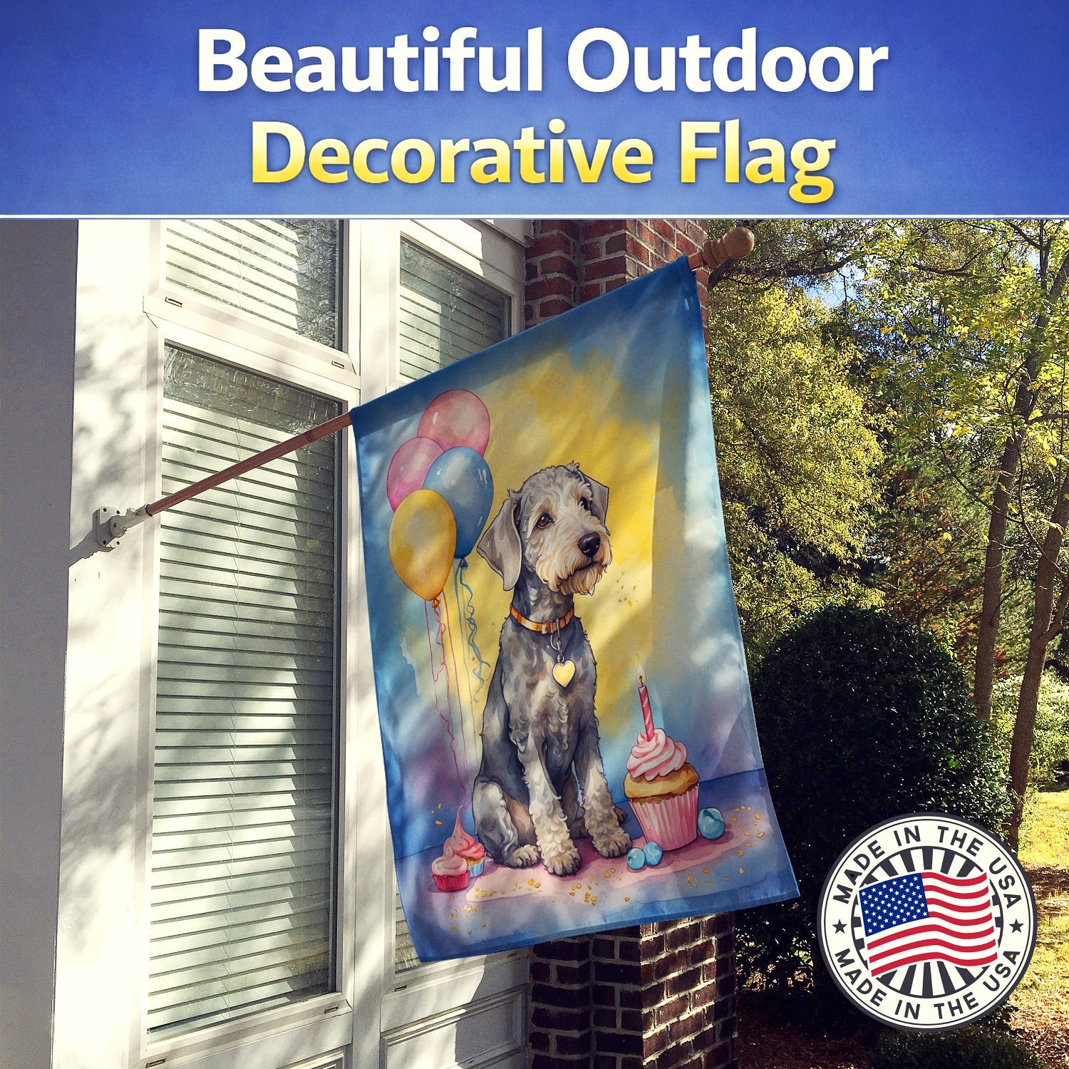 Bedlington Terrier Happy Birthday House Flag 28x40 Porch Sleeve Pole Decorative Outside Yard Banner Artwork Wall Hanging, Polyester