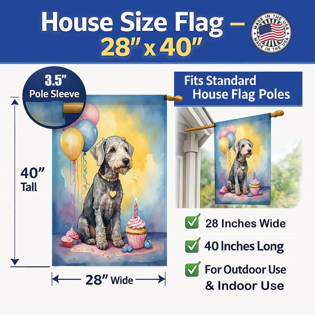 Bedlington Terrier Happy Birthday House Flag 28x40 Porch Sleeve Pole Decorative Outside Yard Banner Artwork Wall Hanging, Polyester