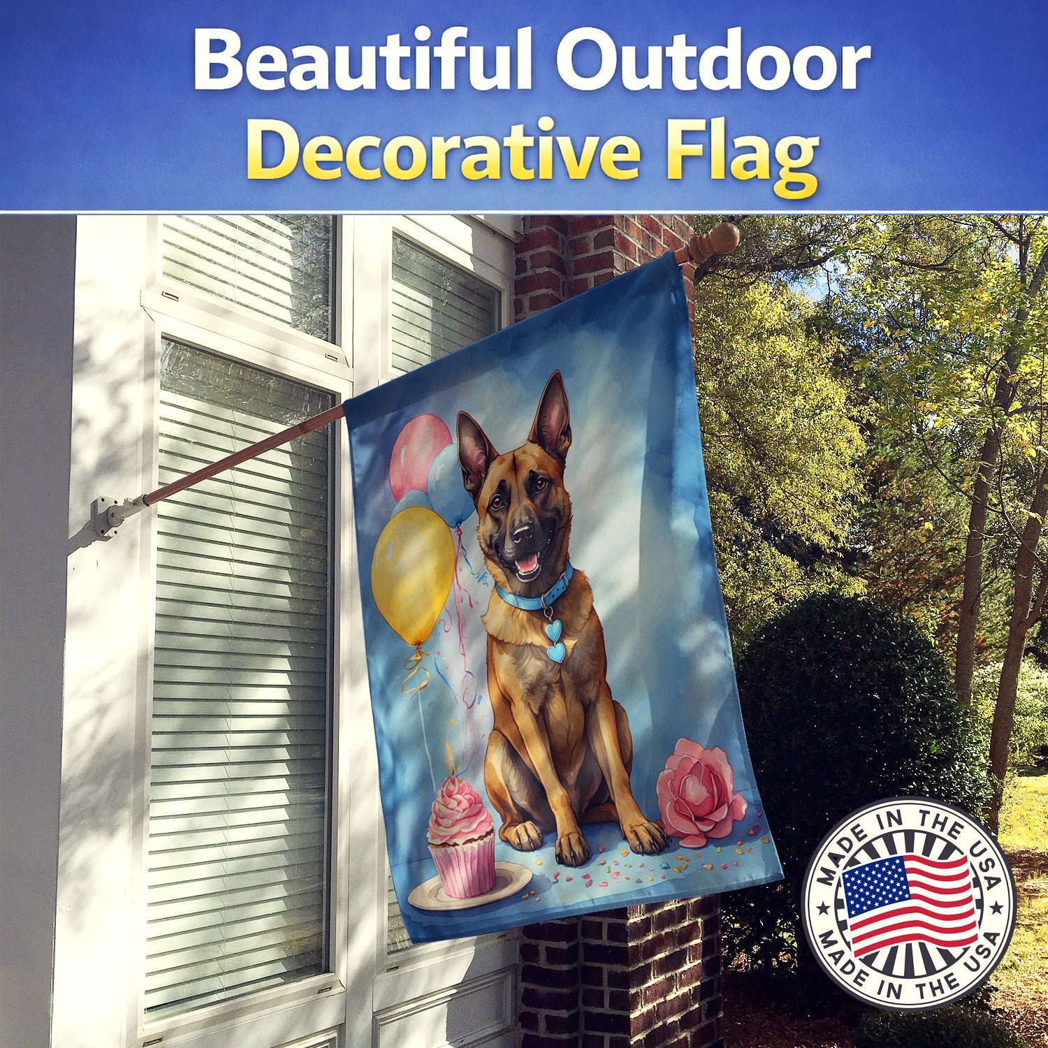 Belgian Malinois Happy Birthday House Flag 28x40 Porch Sleeve Pole Decorative Outside Yard Banner Artwork Wall Hanging, Polyester
