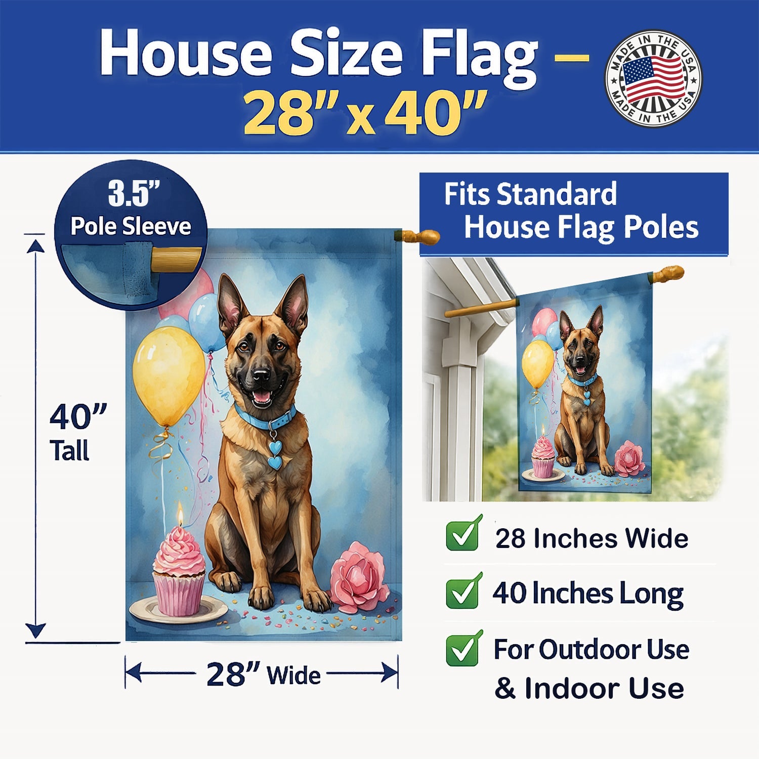 Belgian Malinois Happy Birthday House Flag 28x40 Porch Sleeve Pole Decorative Outside Yard Banner Artwork Wall Hanging, Polyester