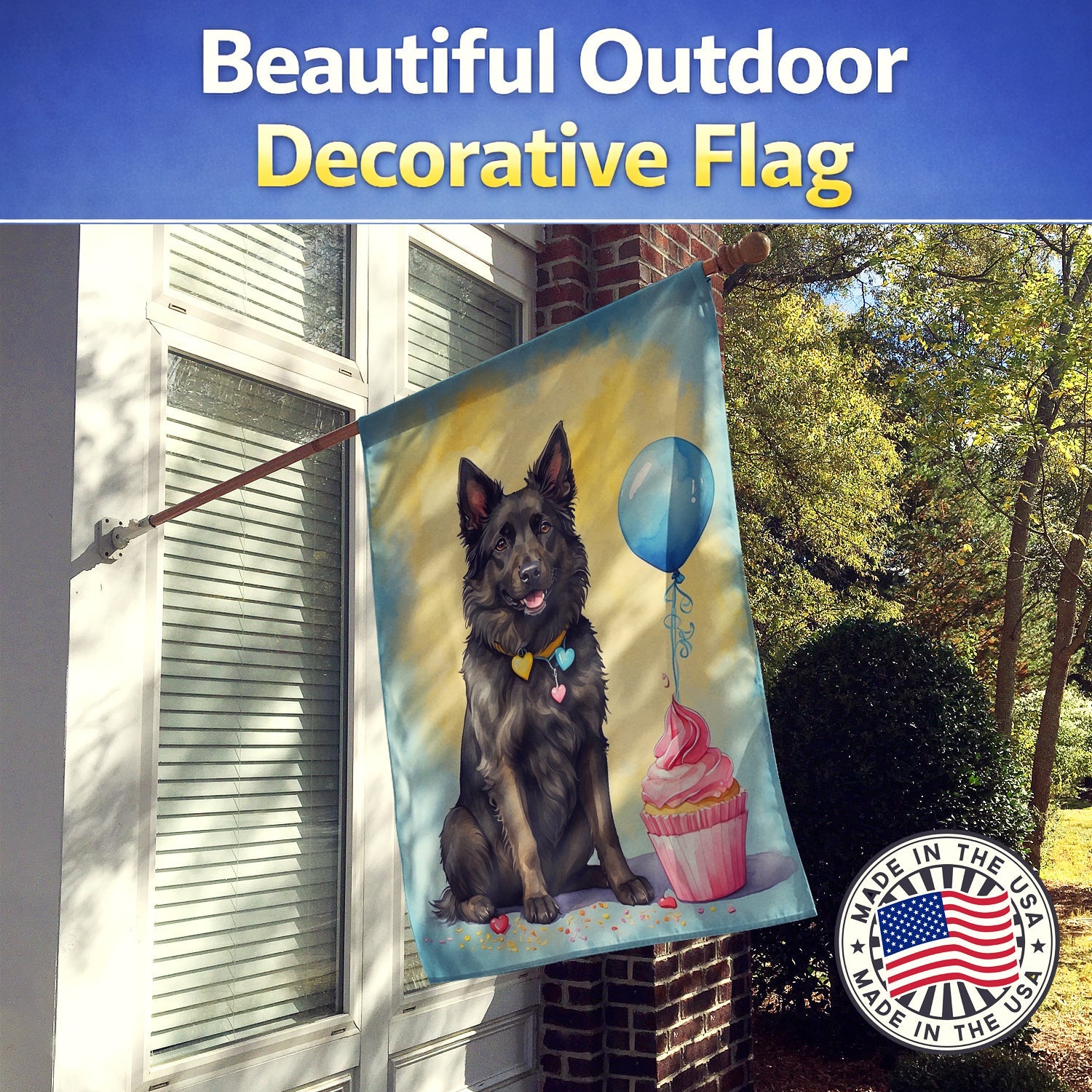 Belgian Sheepdog Happy Birthday House Flag 28x40 Porch Sleeve Pole Decorative Outside Yard Banner Artwork Wall Hanging, Polyester