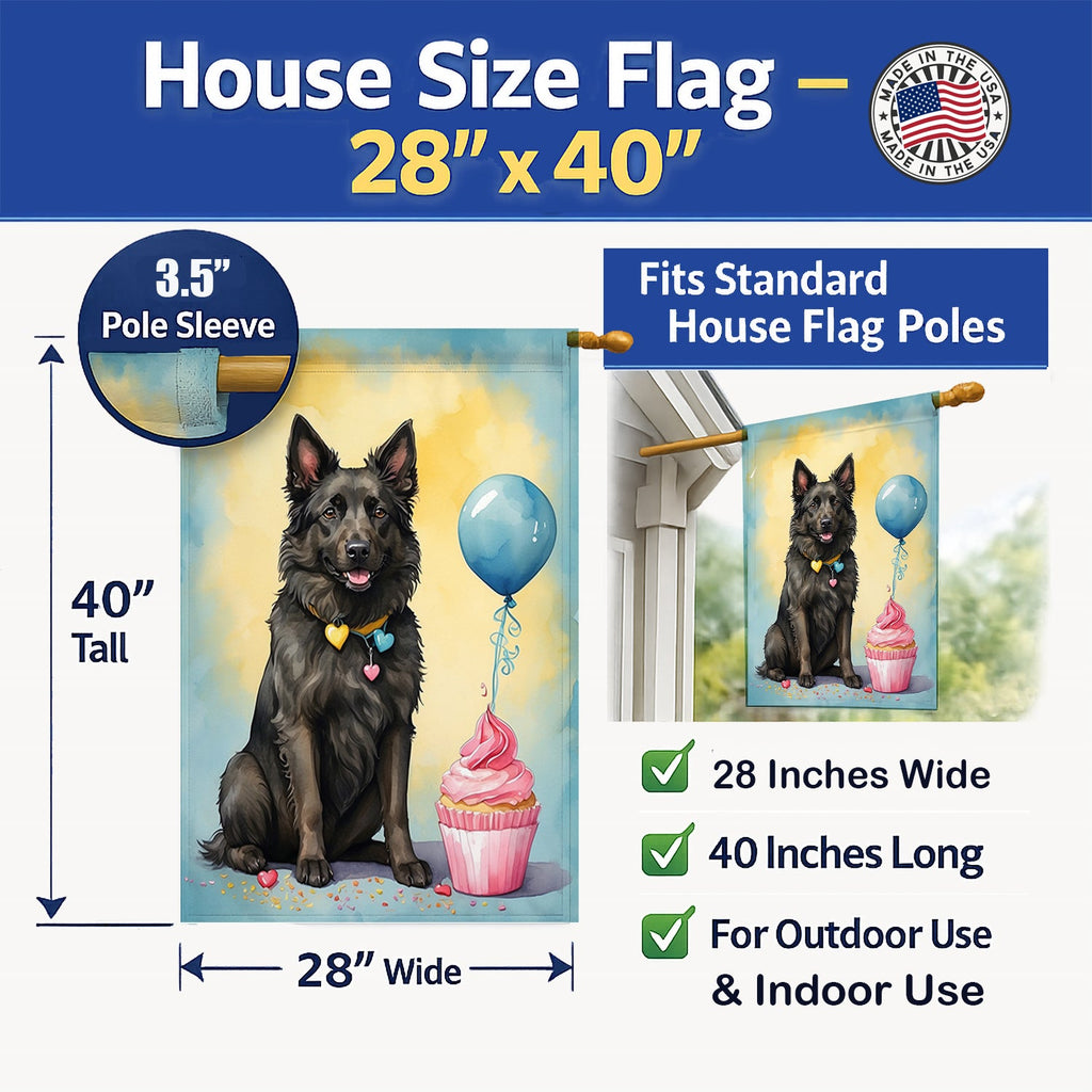 Belgian Sheepdog Happy Birthday House Flag 28x40 Porch Sleeve Pole Decorative Outside Yard Banner Artwork Wall Hanging, Polyester