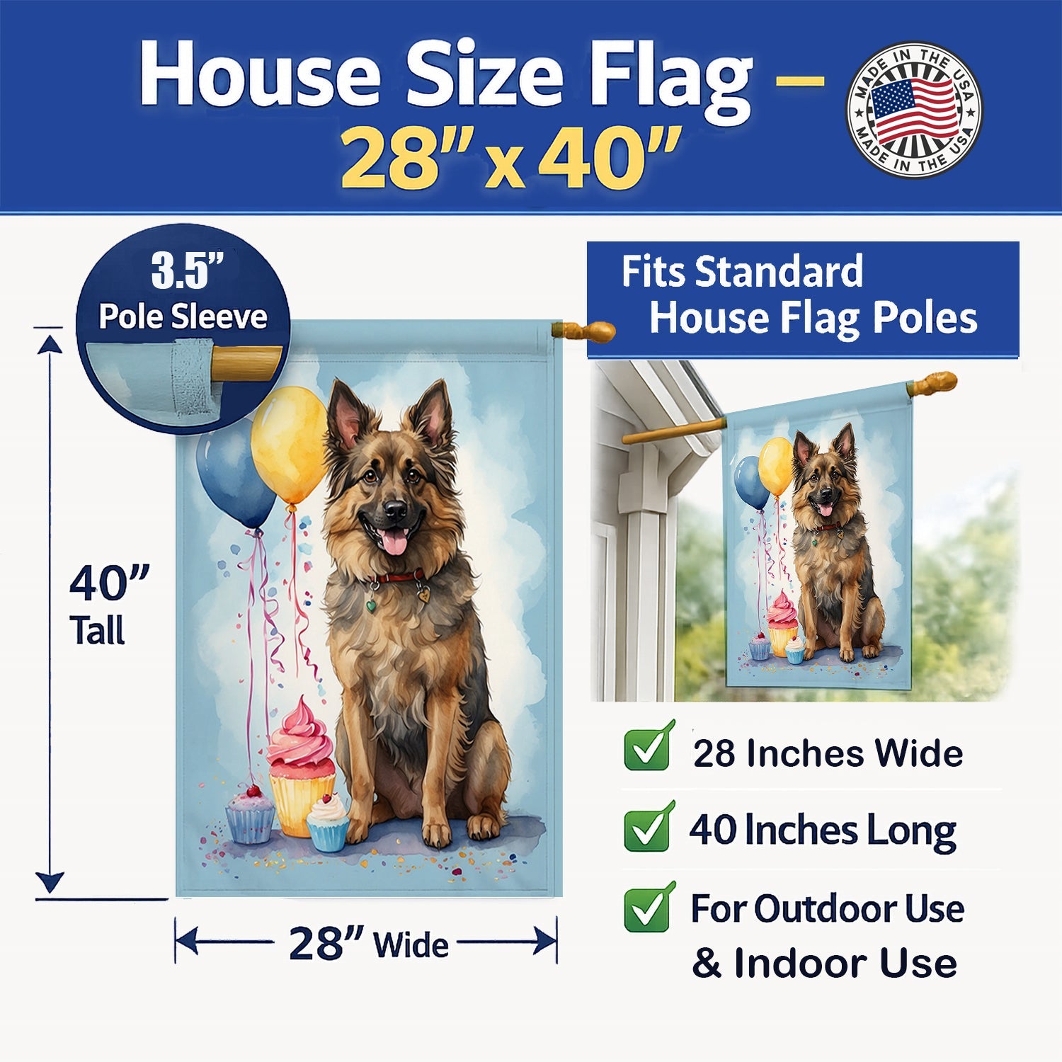 Belgian Tervuren Happy Birthday House Flag 28x40 Porch Sleeve Pole Decorative Outside Yard Banner Artwork Wall Hanging, Polyester