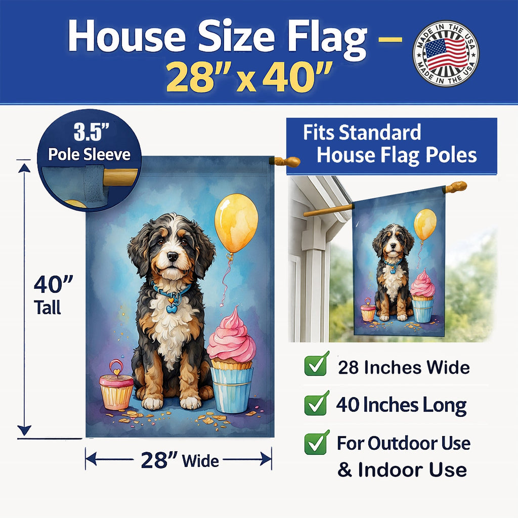Bernedoodle Happy Birthday House Flag 28x40 Porch Sleeve Pole Decorative Outside Yard Banner Artwork Wall Hanging, Polyester