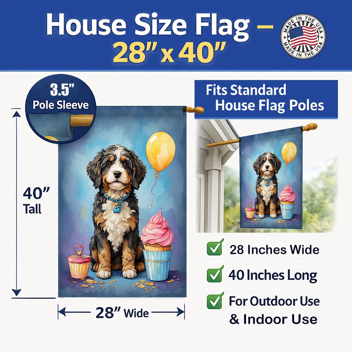 Bernedoodle Happy Birthday House Flag 28x40 Porch Sleeve Pole Decorative Outside Yard Banner Artwork Wall Hanging, Polyester