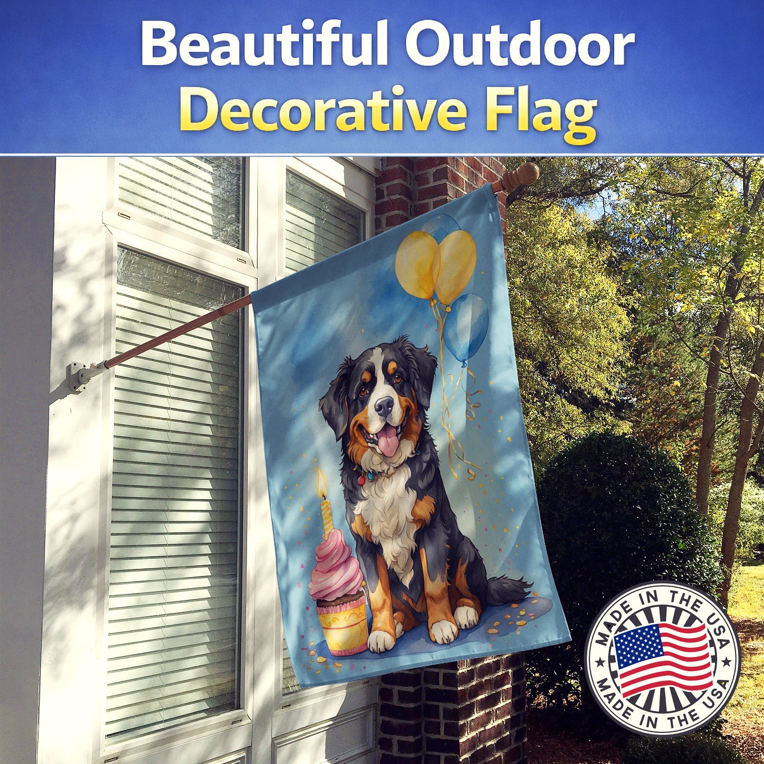 Bernese Mountain Dog Happy Birthday House Flag 28x40 Porch Sleeve Pole Decorative Outside Yard Banner Artwork Wall Hanging, Polyester