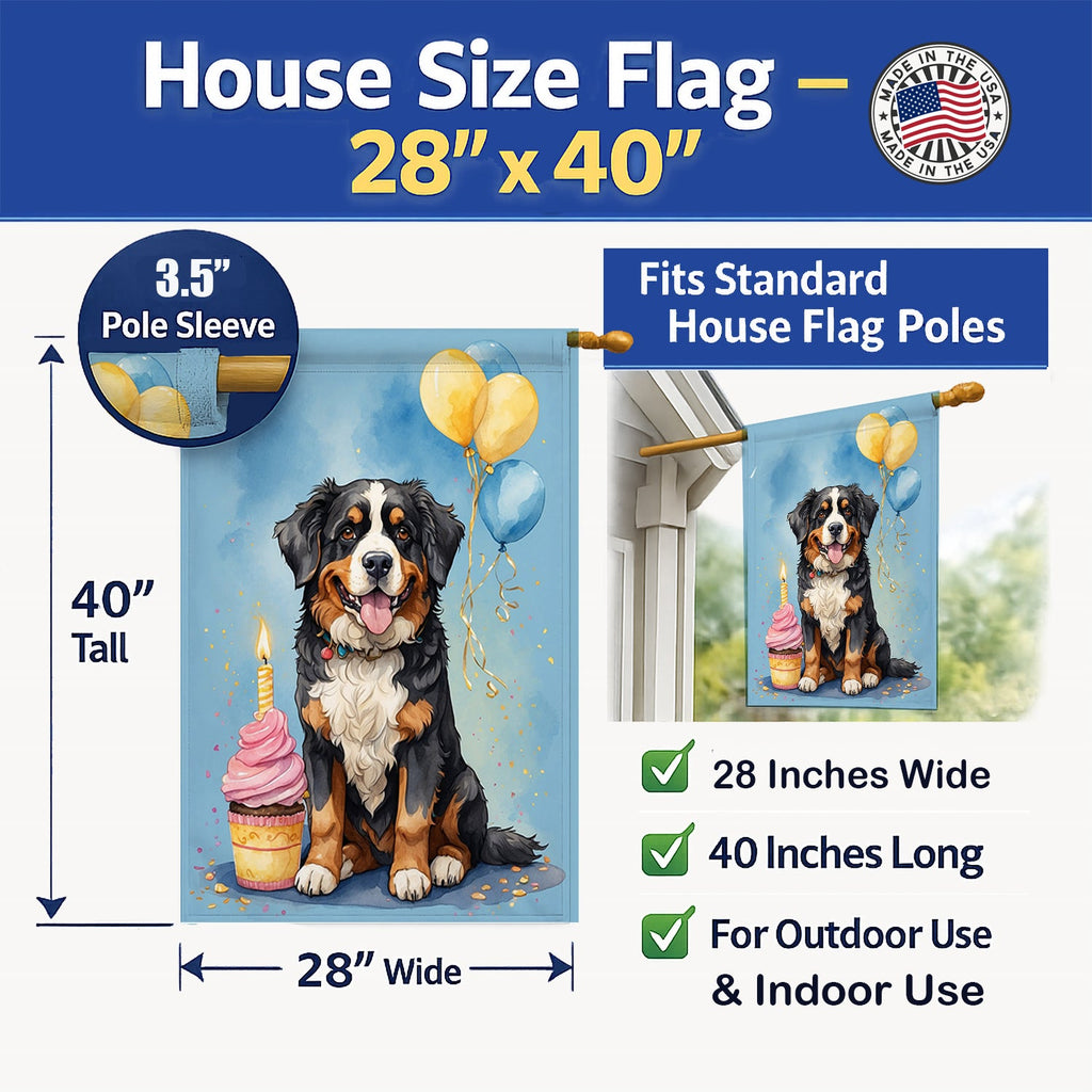 Bernese Mountain Dog Happy Birthday House Flag 28x40 Porch Sleeve Pole Decorative Outside Yard Banner Artwork Wall Hanging, Polyester