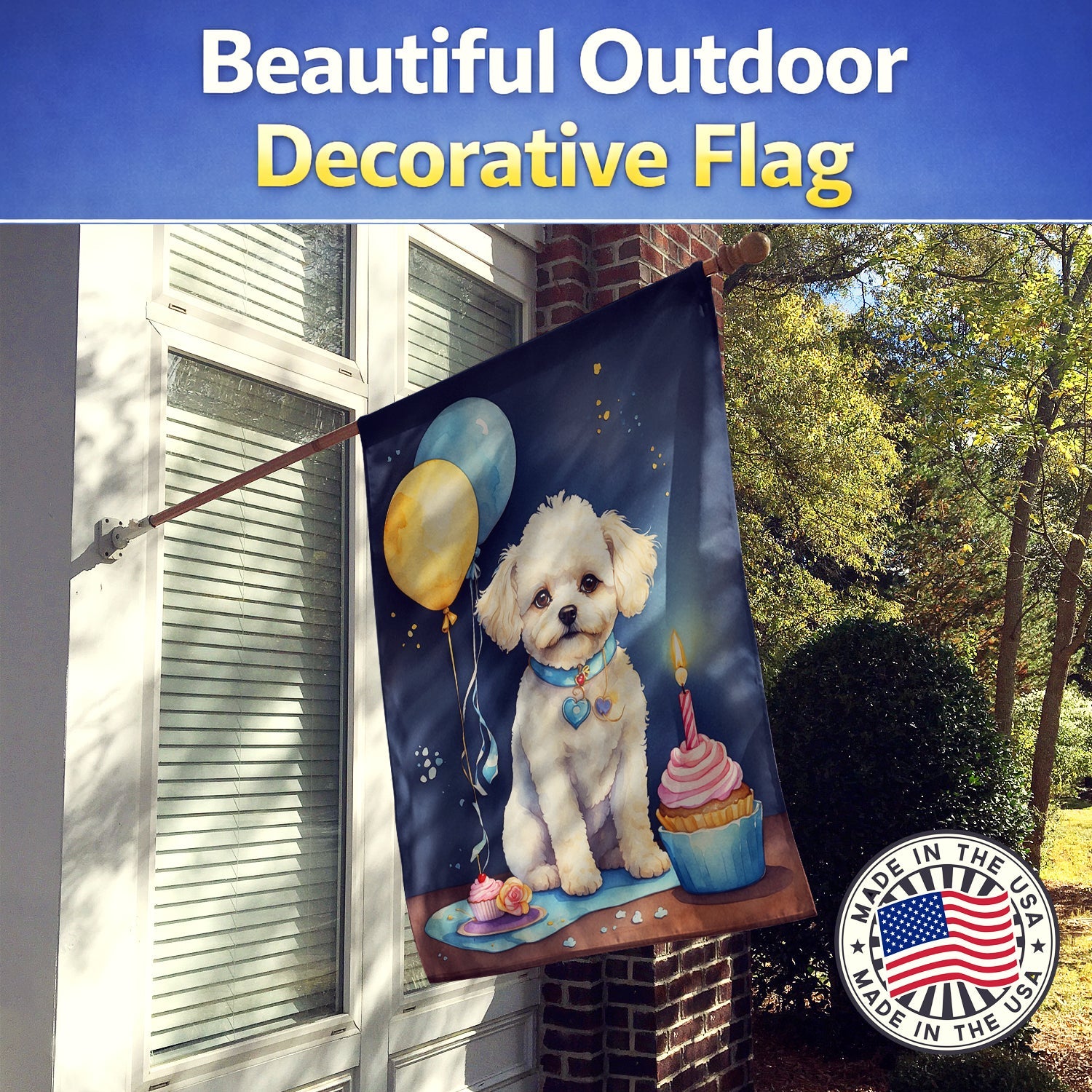 Bichon Frise Happy Birthday House Flag 28x40 Porch Sleeve Pole Decorative Outside Yard Banner Artwork Wall Hanging, Polyester
