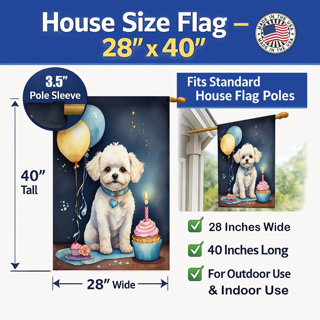 Bichon Frise Happy Birthday House Flag 28x40 Porch Sleeve Pole Decorative Outside Yard Banner Artwork Wall Hanging, Polyester
