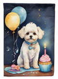 Bichon Frise Happy Birthday House Flag 28x40 Porch Sleeve Pole Decorative Outside Yard Banner Artwork Wall Hanging, Polyester