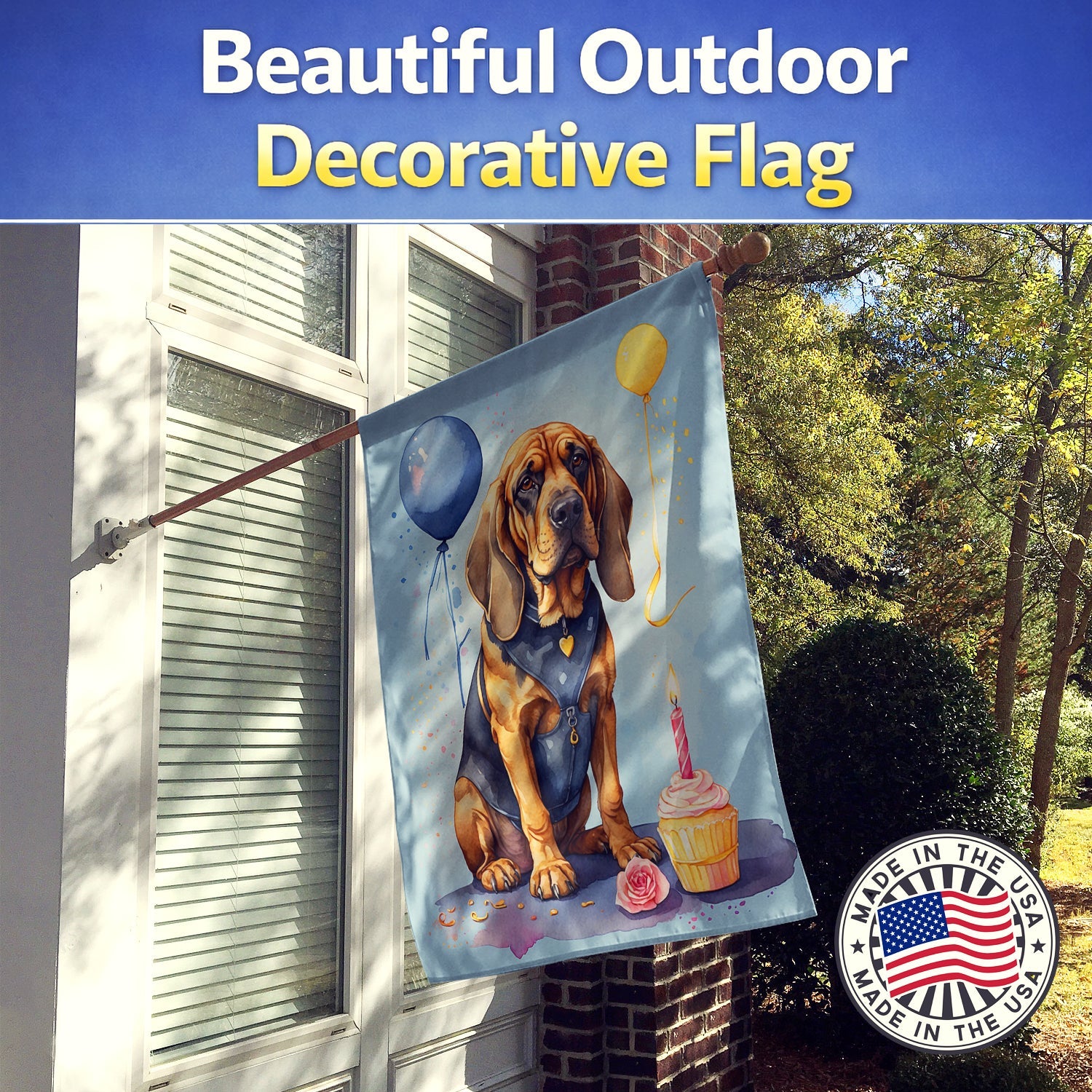 Bloodhound Happy Birthday House Flag 28x40 Porch Sleeve Pole Decorative Outside Yard Banner Artwork Wall Hanging, Polyester