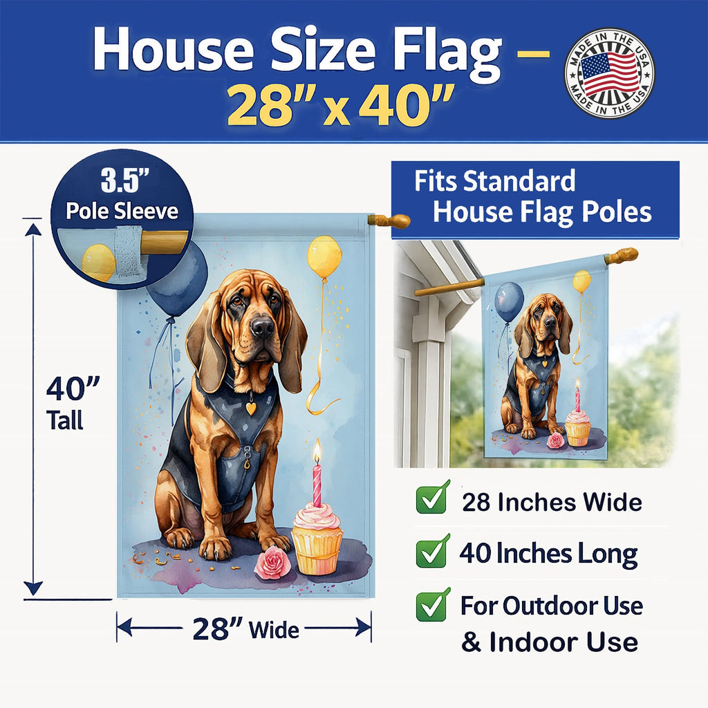 Bloodhound Happy Birthday House Flag 28x40 Porch Sleeve Pole Decorative Outside Yard Banner Artwork Wall Hanging, Polyester