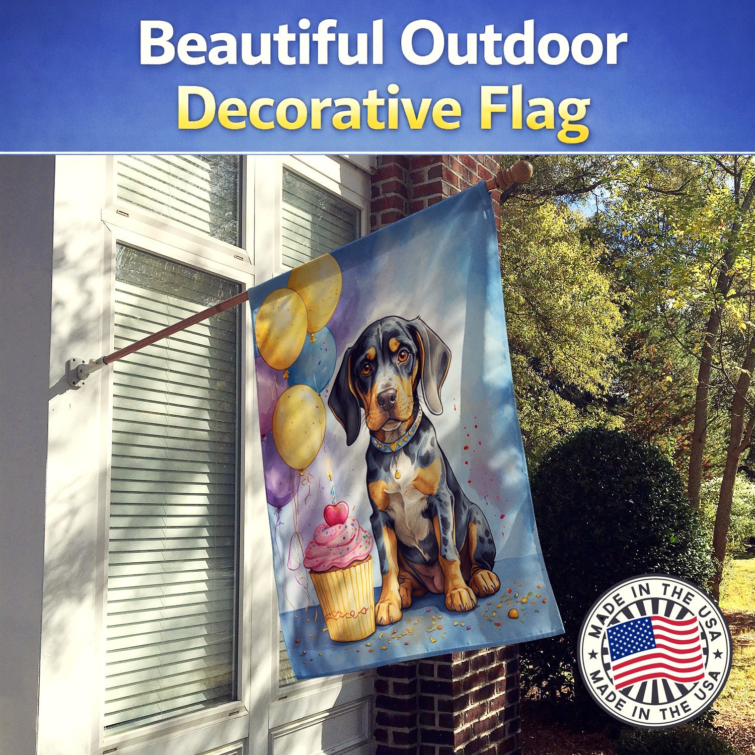 Bluetick Coonhound Happy Birthday House Flag 28x40 Porch Sleeve Pole Decorative Outside Yard Banner Artwork Wall Hanging, Polyester