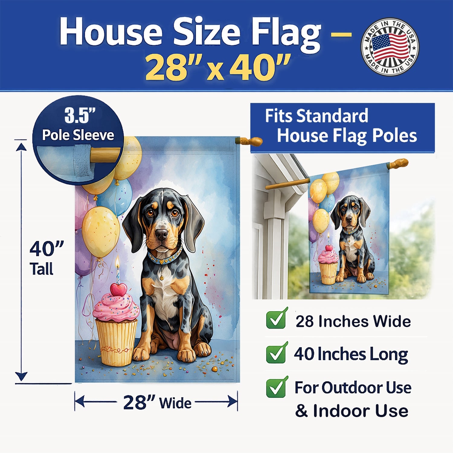 Bluetick Coonhound Happy Birthday House Flag 28x40 Porch Sleeve Pole Decorative Outside Yard Banner Artwork Wall Hanging, Polyester