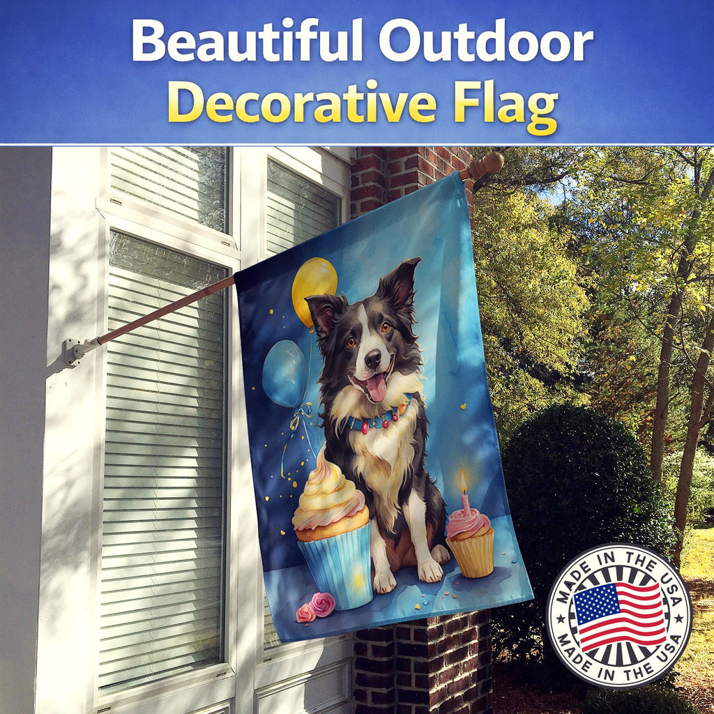 Border Collie Happy Birthday House Flag 28x40 Porch Sleeve Pole Decorative Outside Yard Banner Artwork Wall Hanging, Polyester