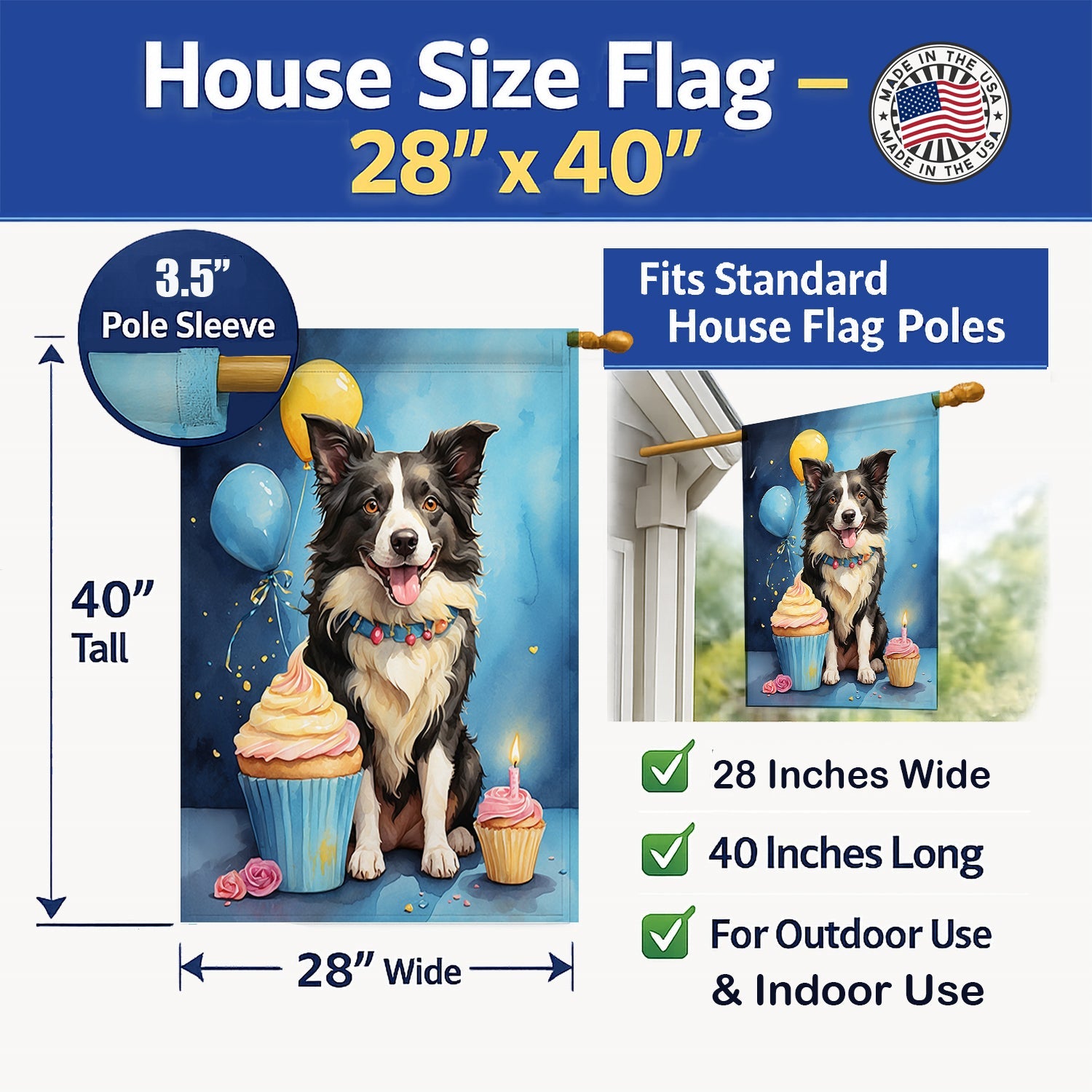 Border Collie Happy Birthday House Flag 28x40 Porch Sleeve Pole Decorative Outside Yard Banner Artwork Wall Hanging, Polyester