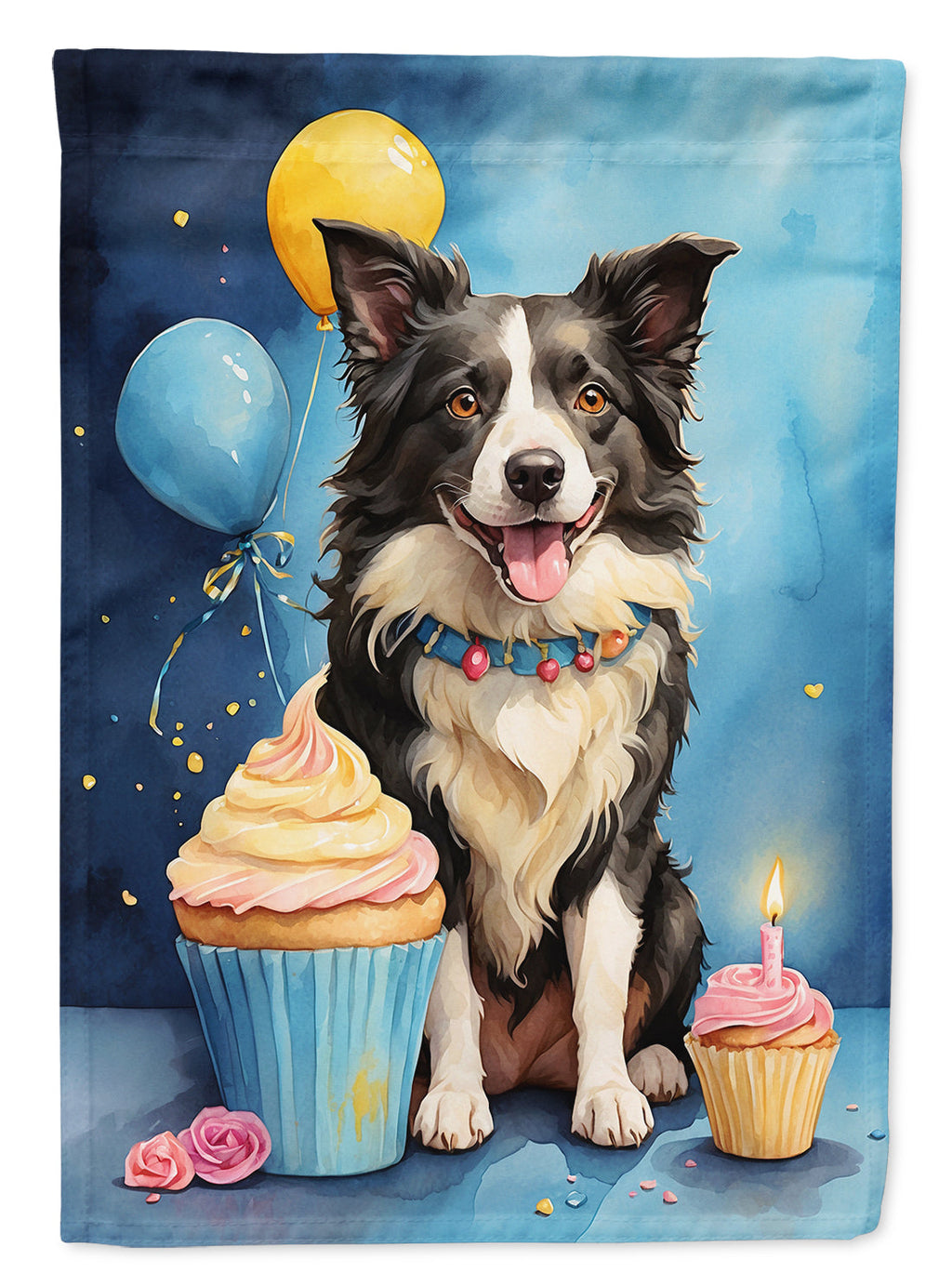 Border Collie Happy Birthday House Flag 28x40 Porch Sleeve Pole Decorative Outside Yard Banner Artwork Wall Hanging, Polyester