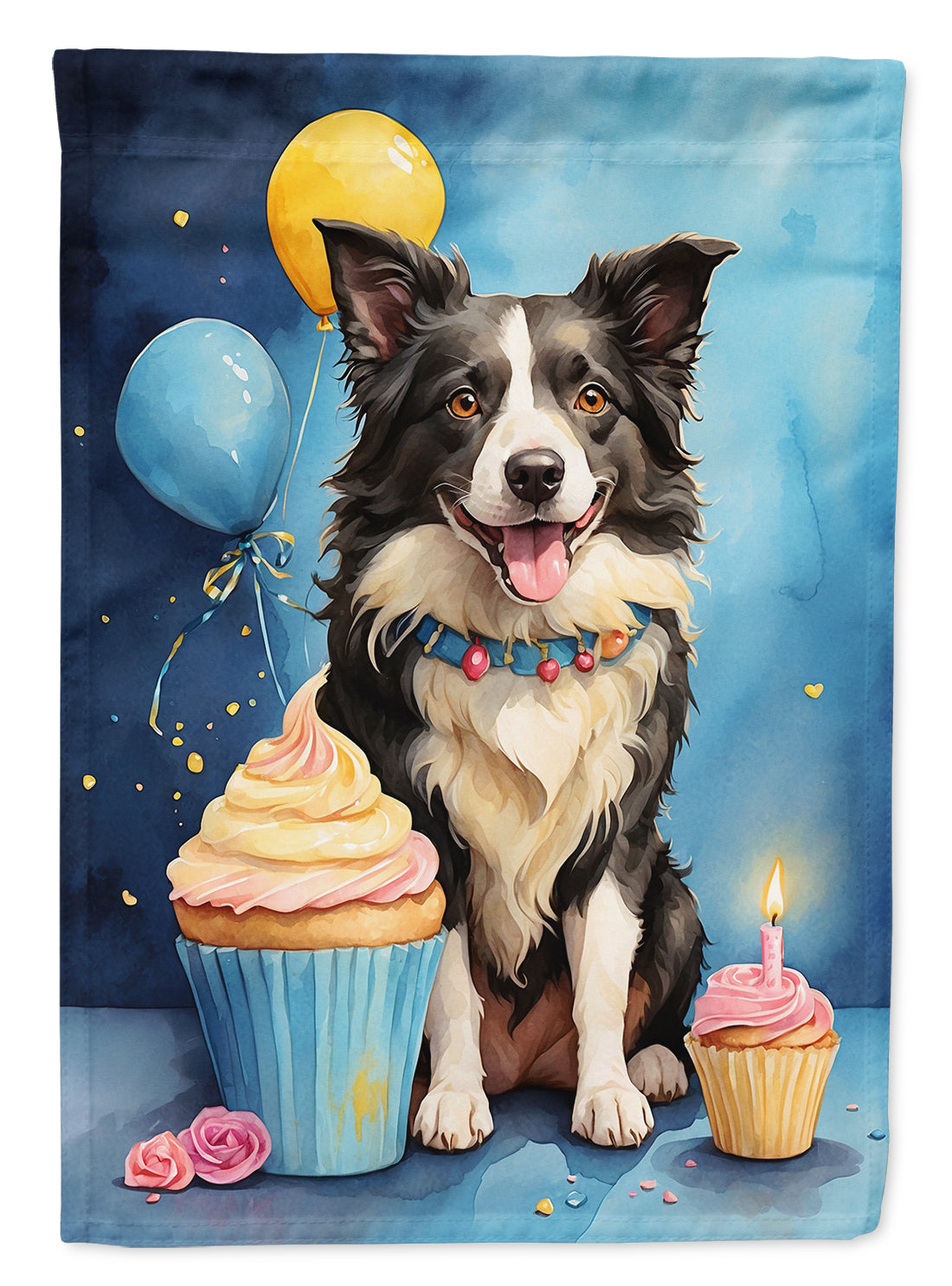 Border Collie Happy Birthday House Flag 28x40 Porch Sleeve Pole Decorative Outside Yard Banner Artwork Wall Hanging, Polyester
