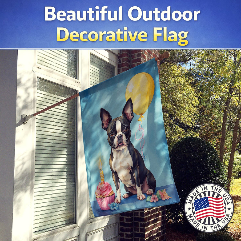 Boston Terrier Happy Birthday House Flag 28x40 Porch Sleeve Pole Decorative Outside Yard Banner Artwork Wall Hanging, Polyester