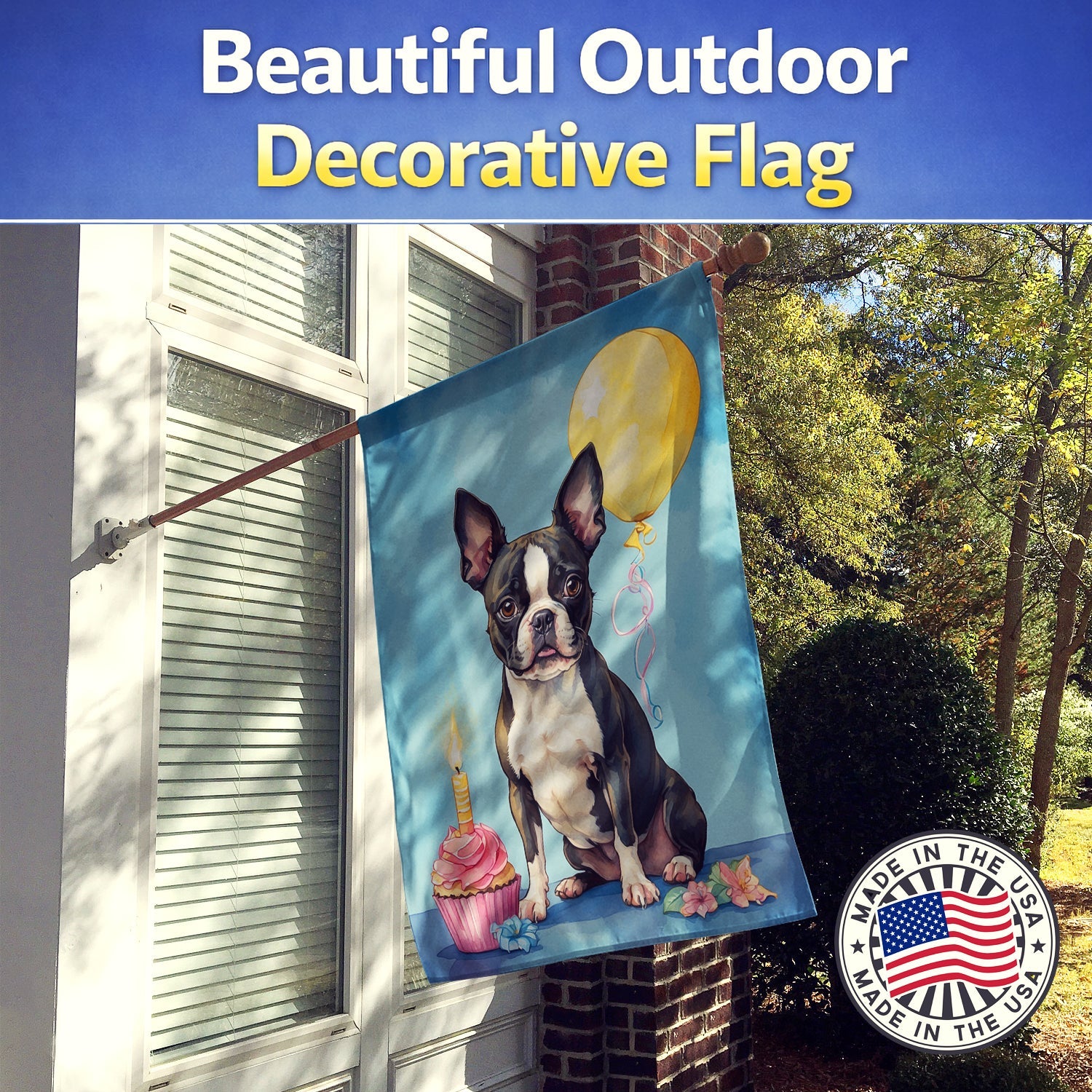 Boston Terrier Happy Birthday House Flag 28x40 Porch Sleeve Pole Decorative Outside Yard Banner Artwork Wall Hanging, Polyester