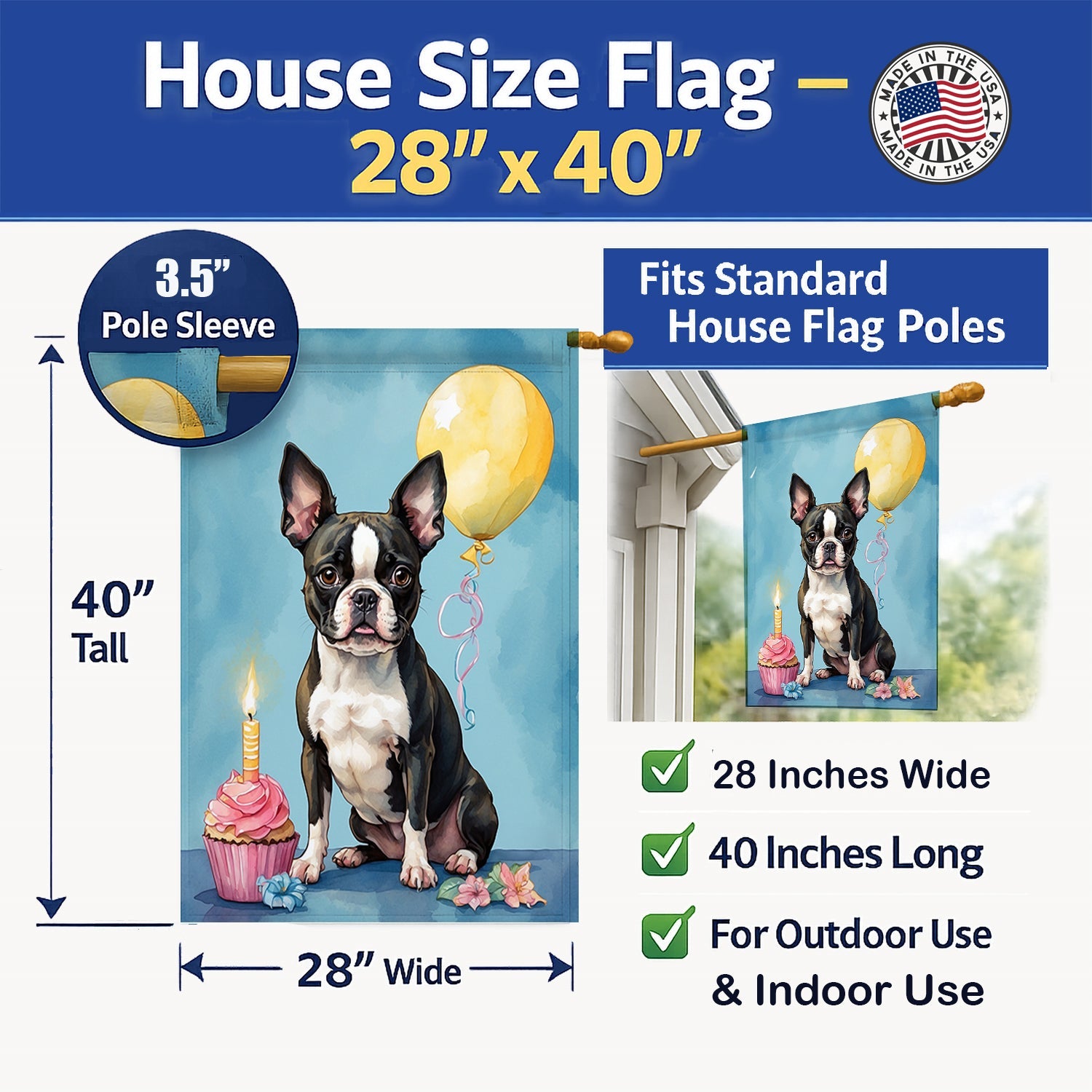 Boston Terrier Happy Birthday House Flag 28x40 Porch Sleeve Pole Decorative Outside Yard Banner Artwork Wall Hanging, Polyester